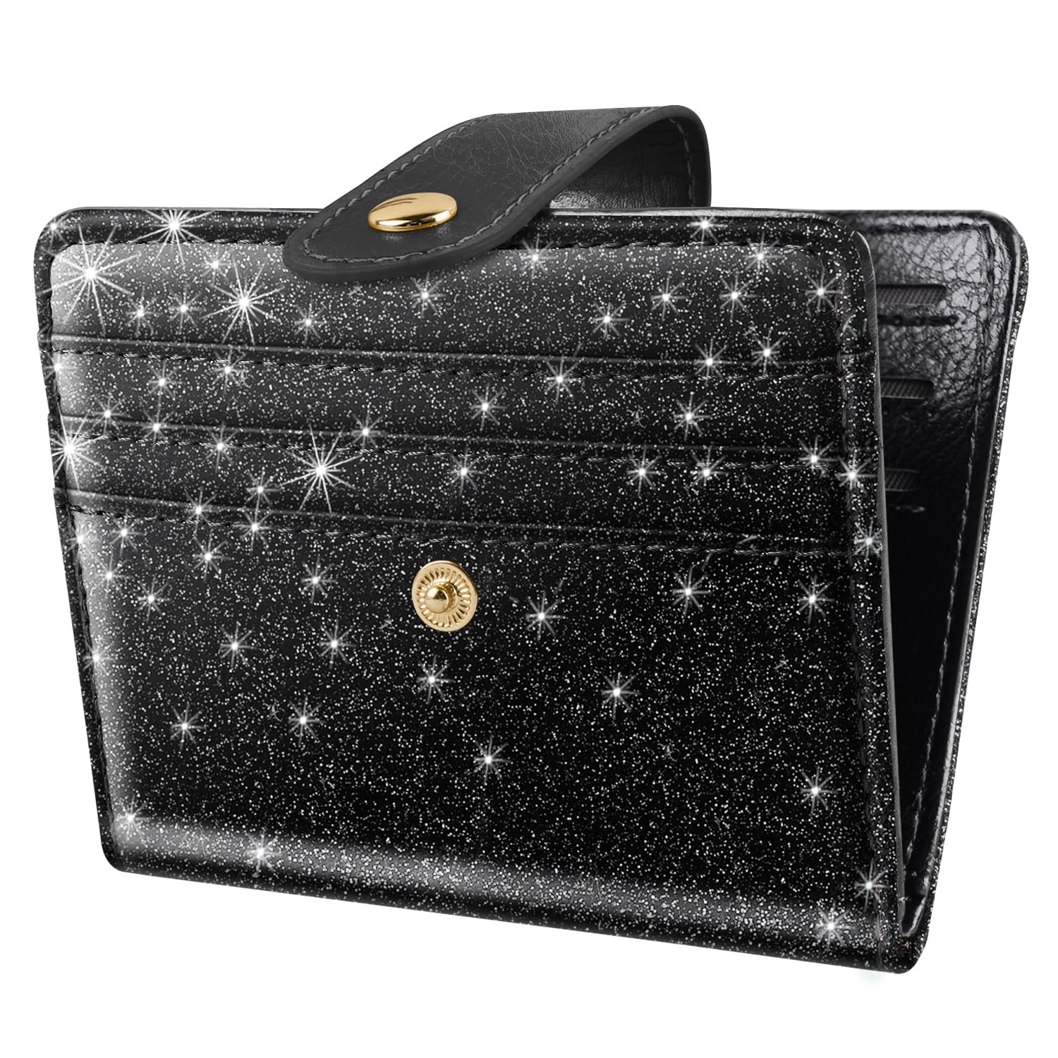 Simikol Slim Bifold Wallet RFID Credit Card Wallet Glitter Leather Small Cute Card Holder for Women, Black