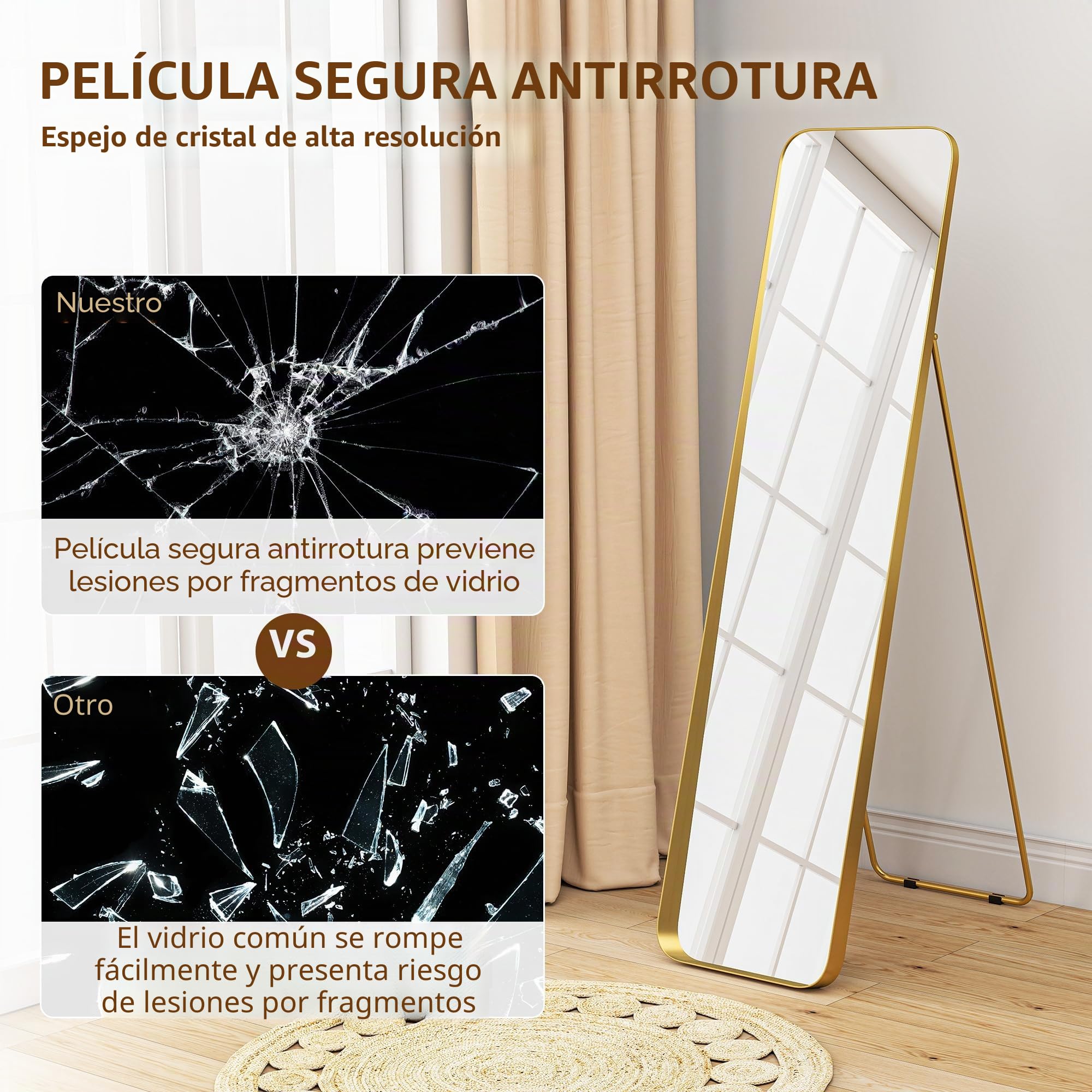 HOMCOM Espejo Cuerpo Entero Esquinas Redondeadas 40x160cm Dorado