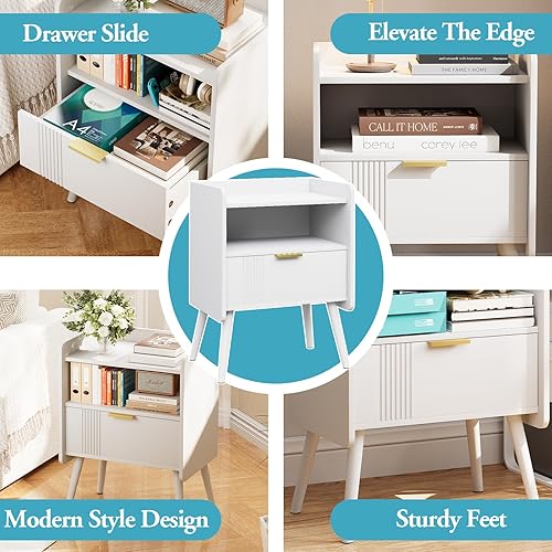 Miniatura 7 de Mesita de noche moderna con cajón de almacenamiento y estante abierto, mesita de noche pequeña, soporte lateral de sofá de madera para dormitorio,