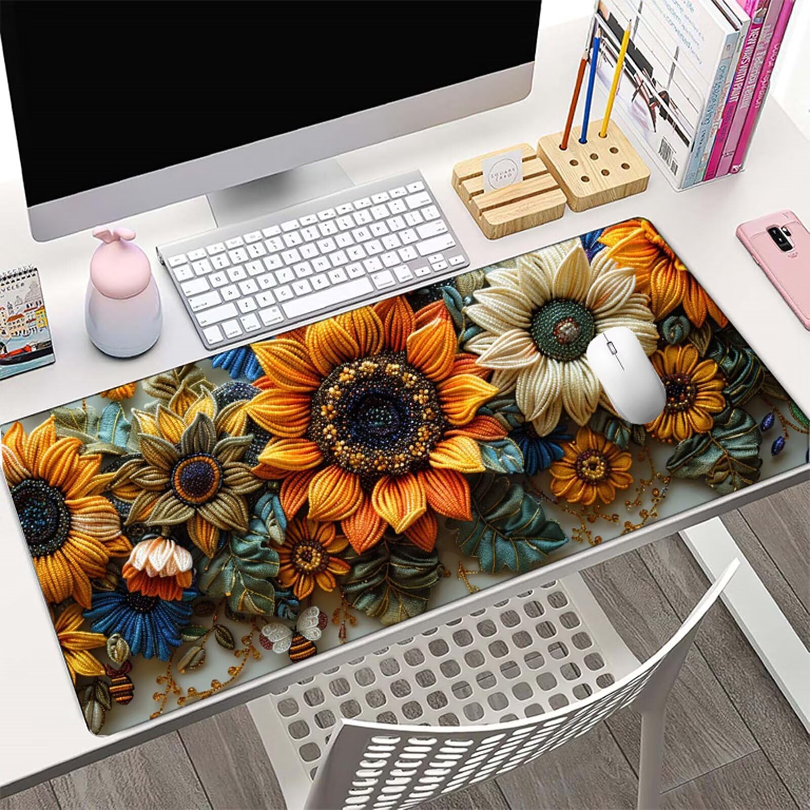 Blanca Alfombrilla Ratón XXL 150x80 cm Mouse Pad Grande Gaming Girasol Alfombrilla Escritorio Antideslizante, Protector de Mesa para Ordenador y Teclado, Alfombrilla Gamer con Bordes Cosidos W6-87