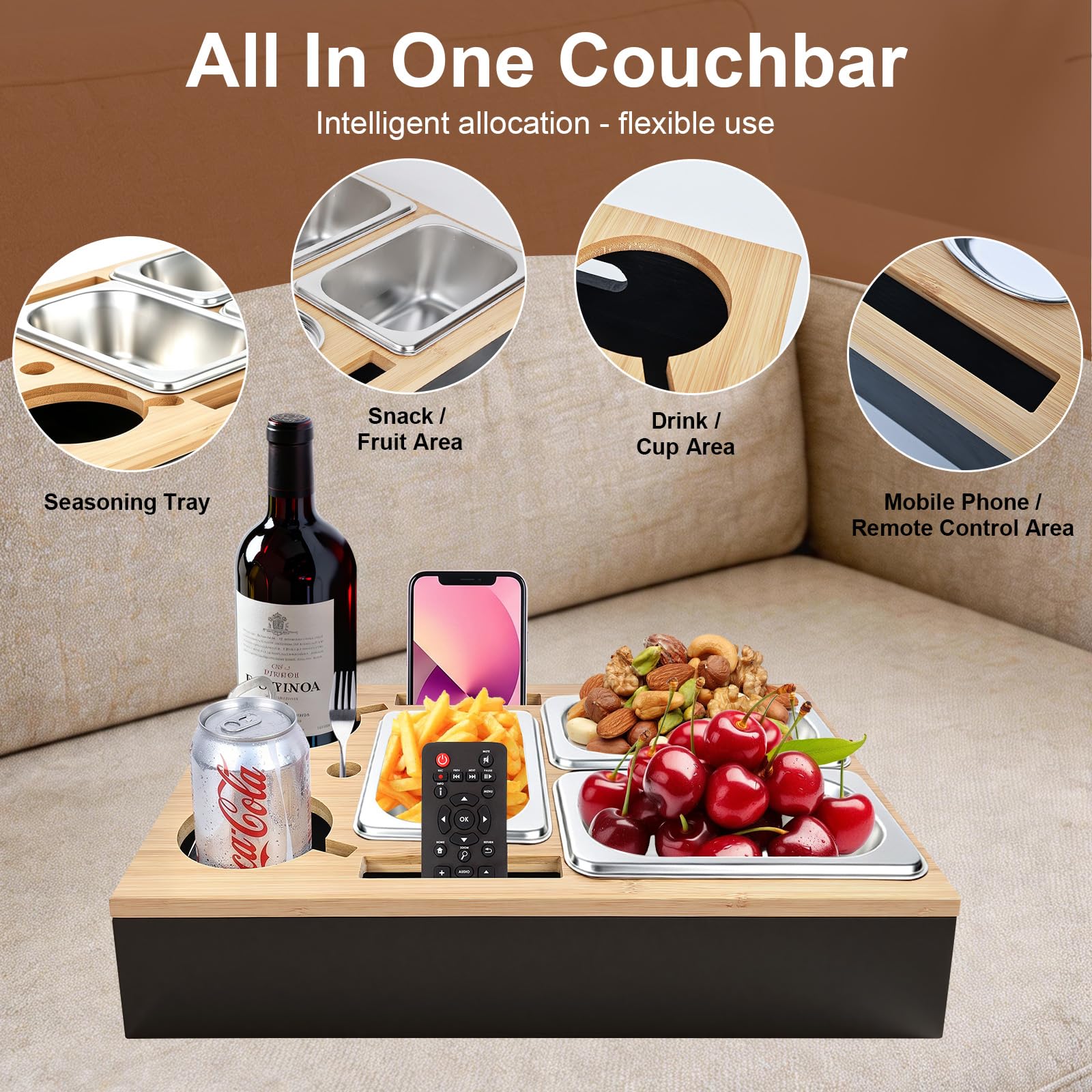 Bandeja para Sofá, Snackbox, Bandeja de Madera, Organizador de Bocadillos, Regalo para Hombres(Negro)