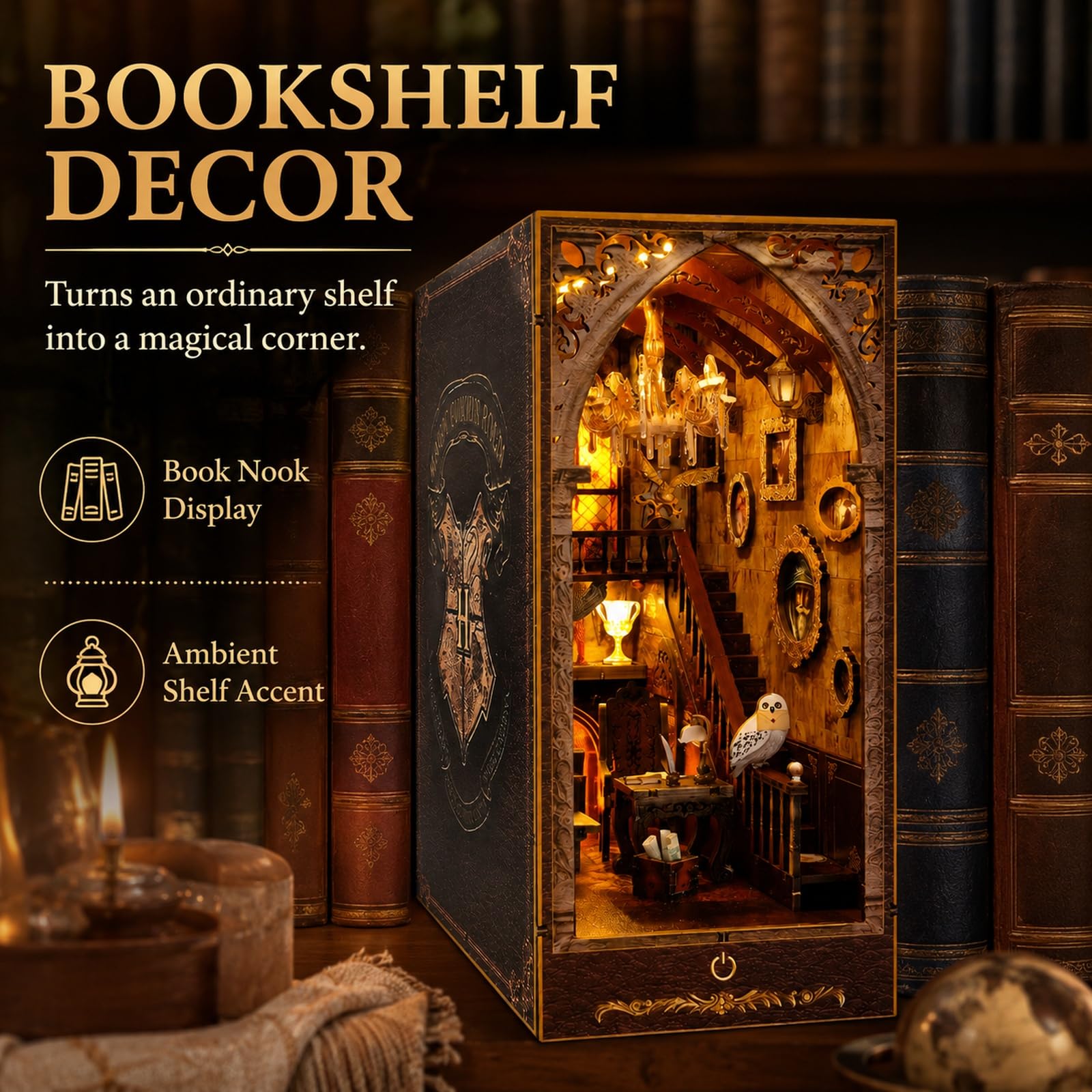 GOOGO Kit Book Nook, casa in miniatura DIY Book Nook con luce LED, puzzle 3D in legno, fermalibri decorativo per libreria, regalo creativo per adulti e ragazzi dai 14 anni in su (Scuola di magia)