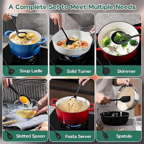 Miniatura 7 de Onader Juego de 6 utensilios de cocina de silicona negra para utensilios de cocina antiadherentes, no tóxicos y aptos para lavavajillas