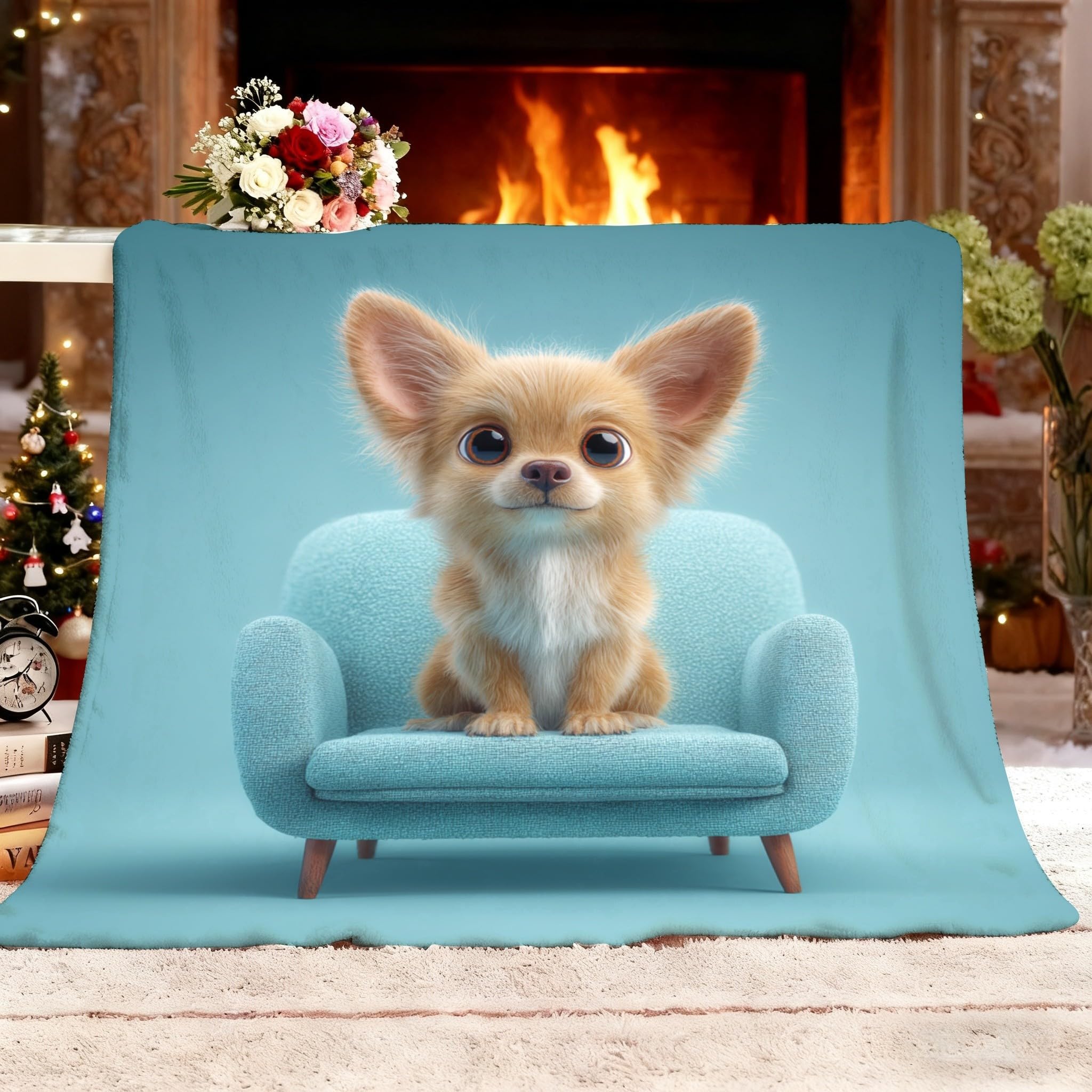 Plaid canapé enfant motif Chihuahua couverture sieste douce et chaude bleu clair pour salon