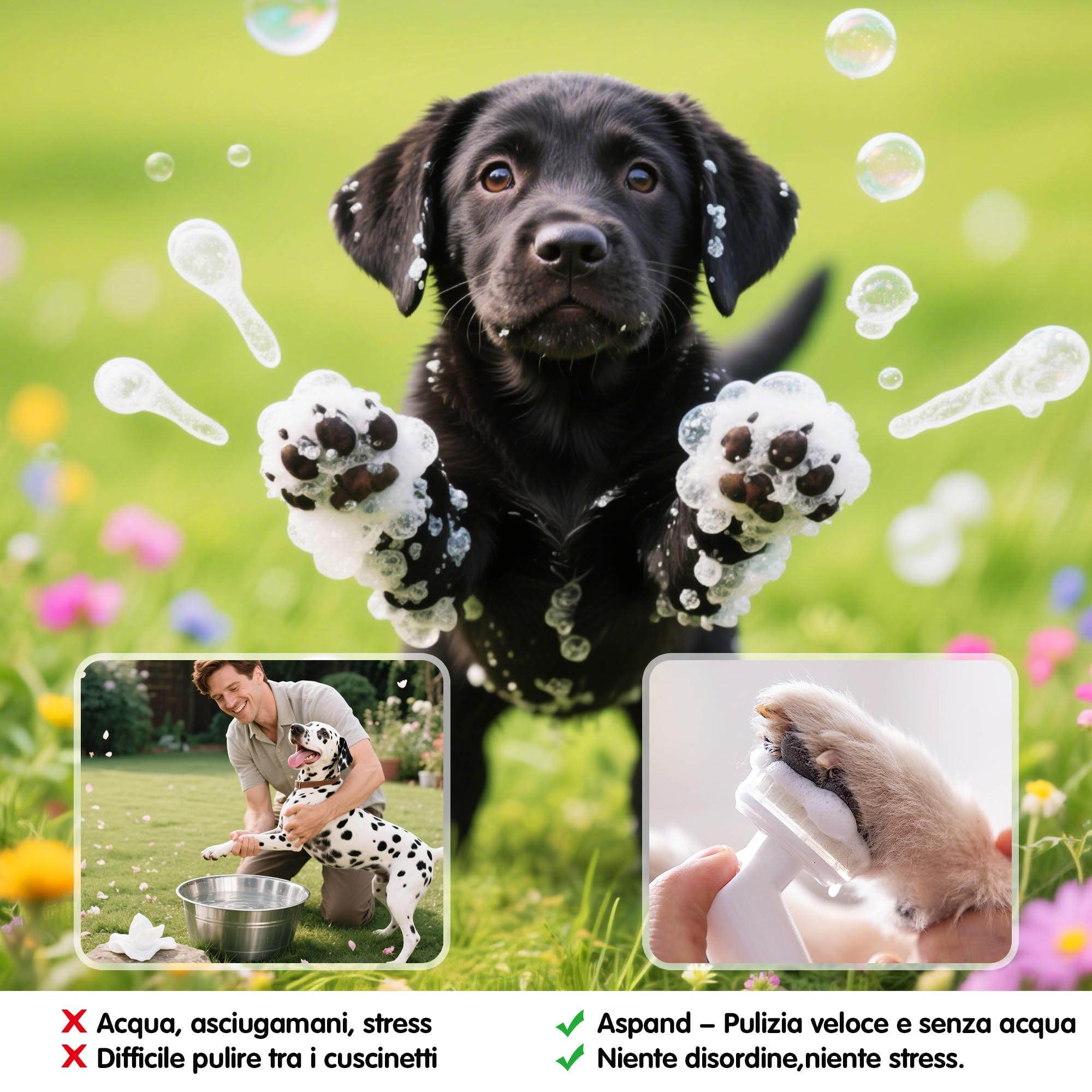 Aspand Detergente per Zampe per Cani e Gatti, Schiuma Naturale per Pulire le Zampe Senza Risciacquo, Spazzola Per Pulizia Dei Piedi, Detergente Senza Acqua, Lavaggio Antiodore