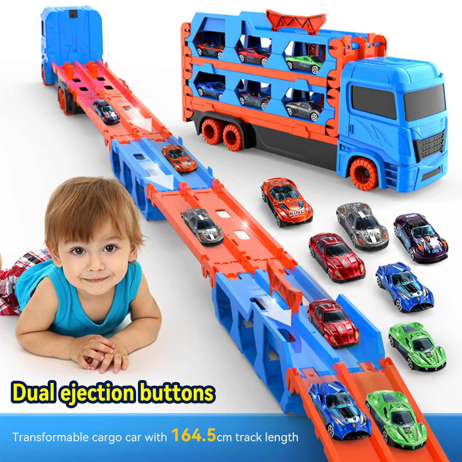 Qivange Transport Truck Toy for 3 4 5 6 7 Year Old Boys Gifts, Portable Truck Toy with 12 Race Car - Image 3