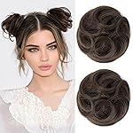 REECHO 2 PCS Mini Claw Clip in Messy & Cat Ears Hair Bun Extensions HB001 Wig Accessory Updo Hairpieces for Women Girls (Pack of 2-3.5 Wavy, Medium Brown with Highlights)