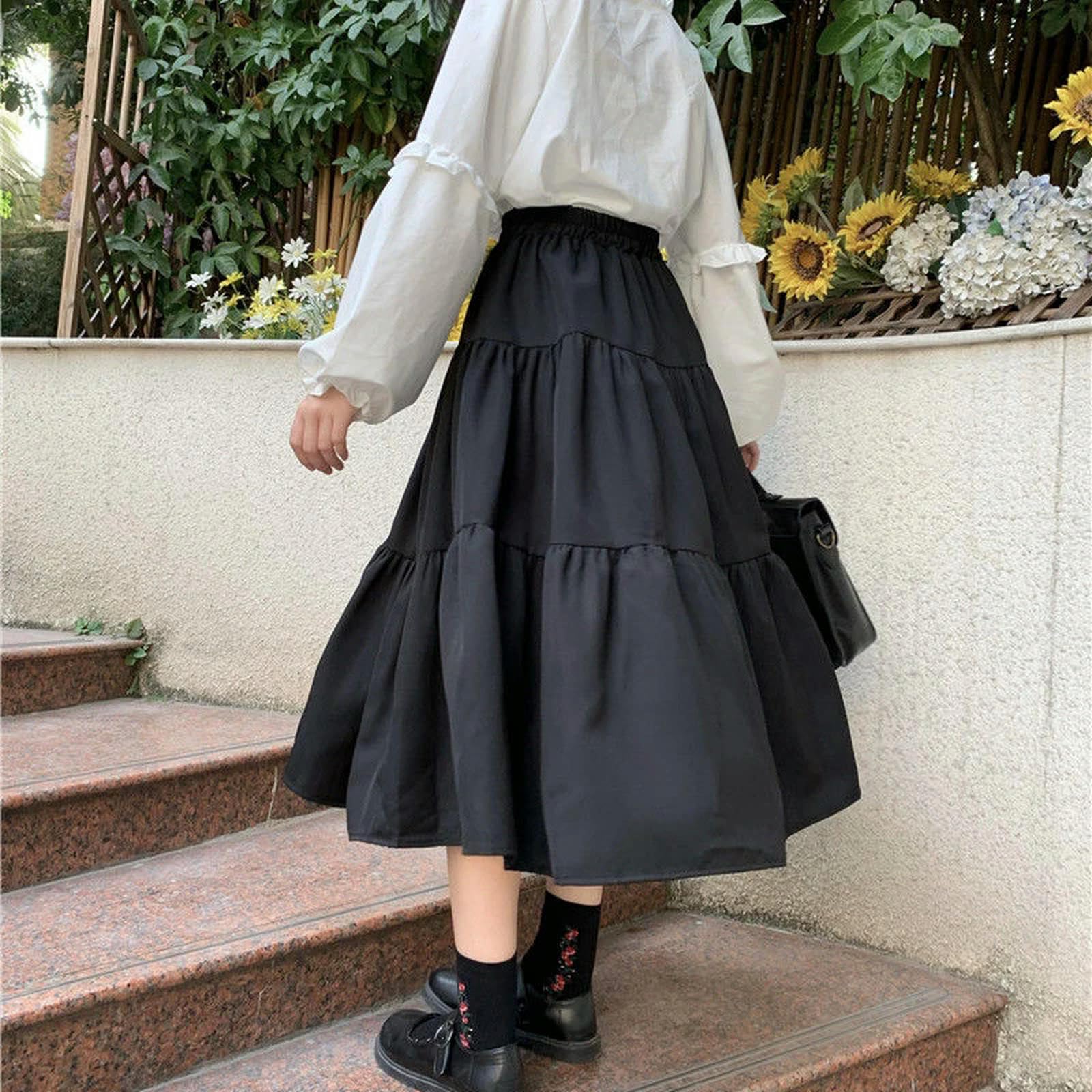 Falda Larga Negra para Mujer, Bonita Falda de Retazos, Cintura Alta, Suelta, Informal, Suave, para niña, Color Negro, L