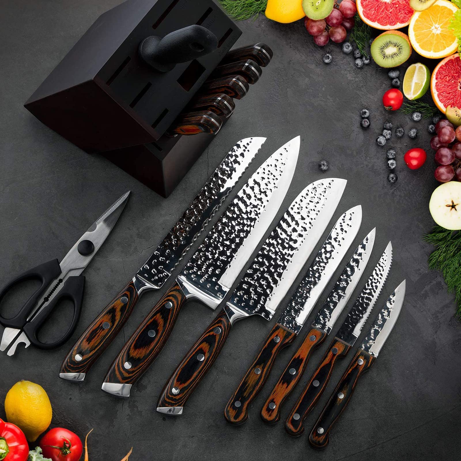 Juego de 15 cuchillos con bloque de madera, autoafilables para cuchillos de chef, de acero inoxidable martillado con alto contenido de carbono con cuchillos de carne (rojo)