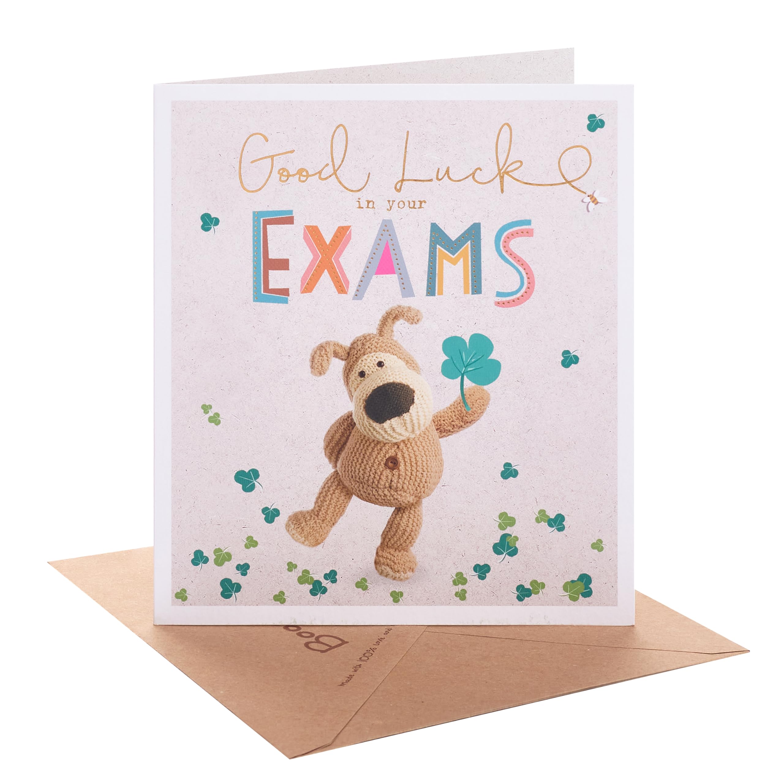 Boofle | Good Luck for Exams Card | Greeting Card | Her/Him | Clover Design | With Envelope | 15.9 x 18.4 cm