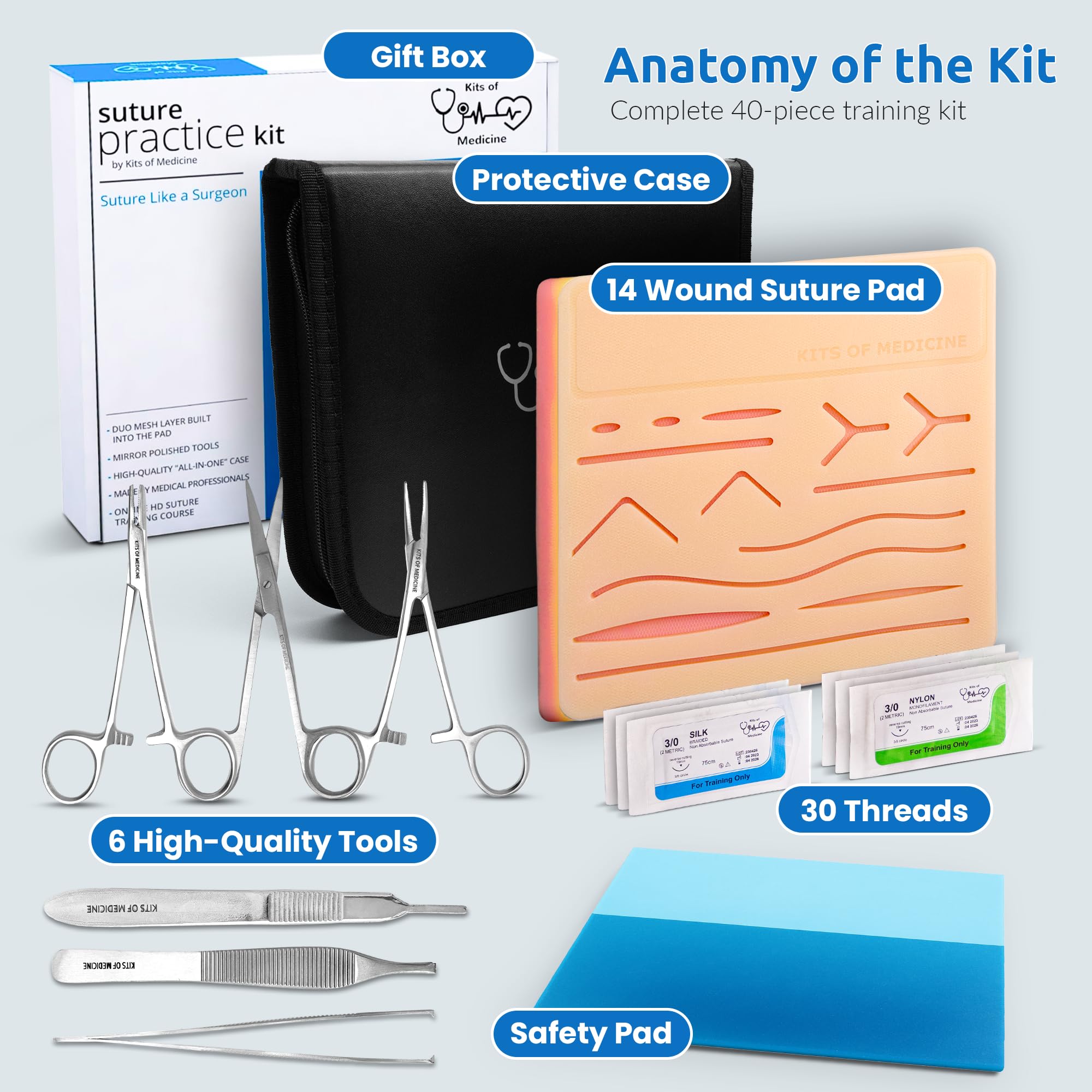 Zestaw szwów | Kits of Medicine | Dołączone przewodniki HD | Kompletny zestaw do ćwiczeń szwów dla studentów medycyny, weterynarzy, pielęgniarek | Wytrzymała silikonowa podkładka na szwy do skóry | Świetny prezent