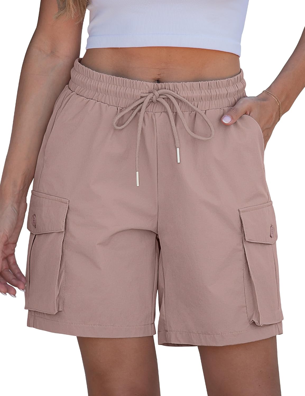 luvamia Hiking Shorts for Women High Waisted Pull On Cargo Casual Golf Water Resistant 7 Inch Inseam Mid Thigh Shorts