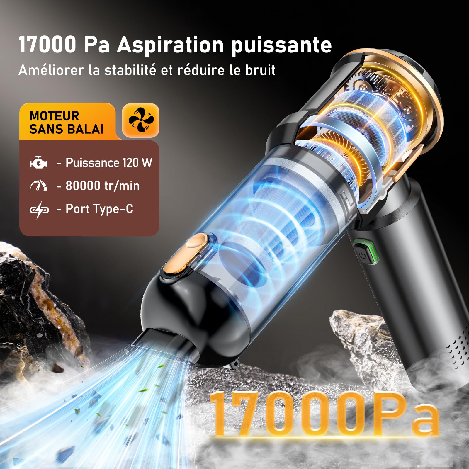 Aspirateur à Main, 17000Pa 4 en 1 Aspirateur sans Fil avec Vidage Automatique 1 Touche, Moteur sans Brosse, Mini Aspirateur, 3 Niveaux d'aspiration pour la Voiture, Maison, Poils d'animaux - 2