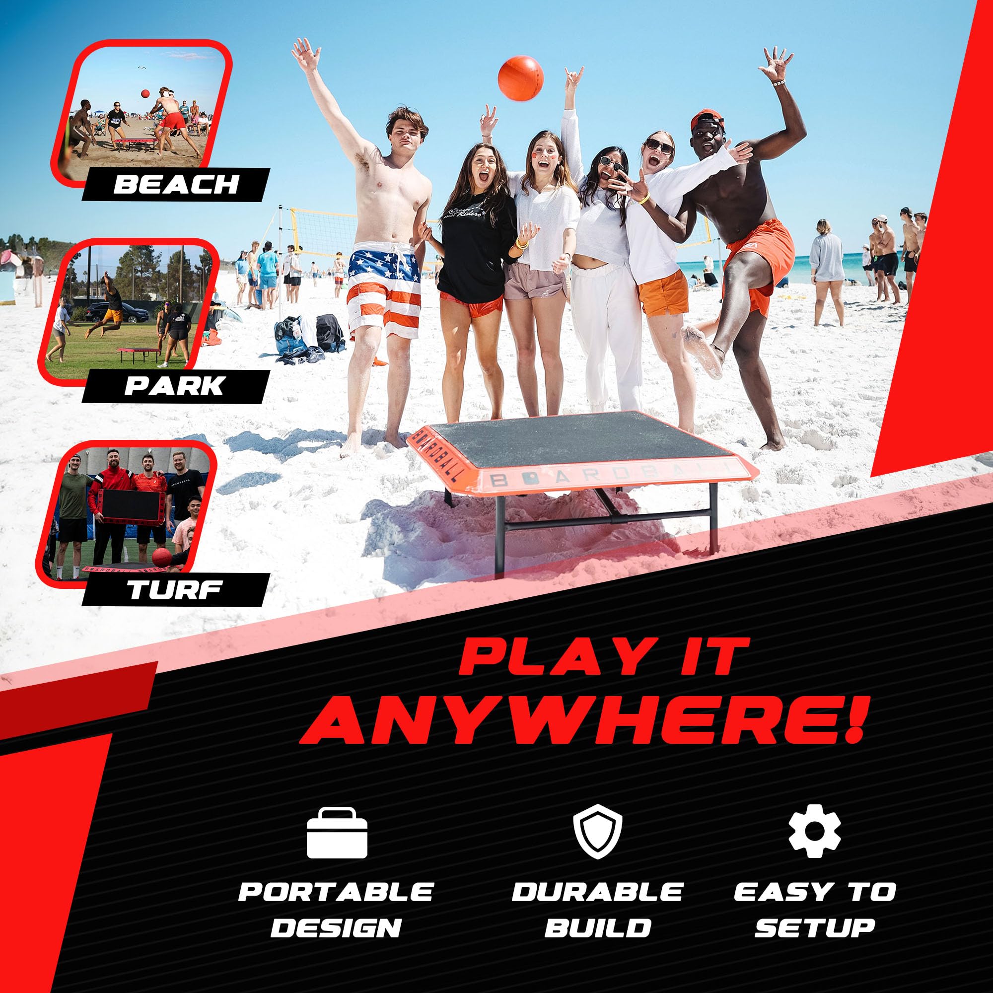 Boardball Juego de mesa de voleibol portátil deportivo, juego para interiores y exteriores con tablero de superficie superior de goma, pelota de tamaño completo y bomba de mano, rojo/negro