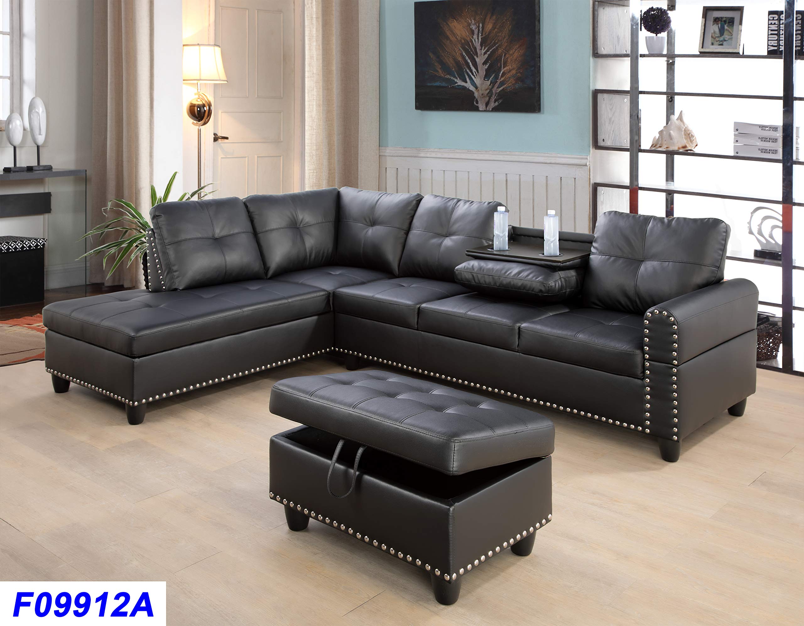 L-Shape Sectional Sofa with Chaise and Ottoman 3-Piece Sofa for Living Room Furniture, Cup Holders, Faux Leather, Black. RIGHT ARM SOFA ONLY