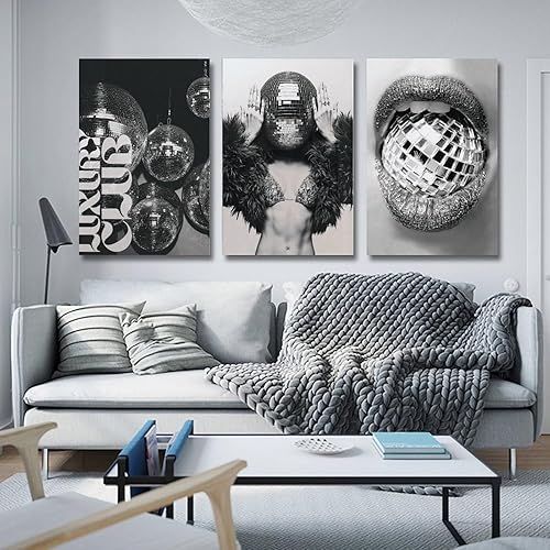 Miniatura 4 de 9W Juego de 3 piezas de arte de pared de disco  Póster retro glamuroso con cabeza de discoteca para mujer, decoración de fiesta de lujo de los años
