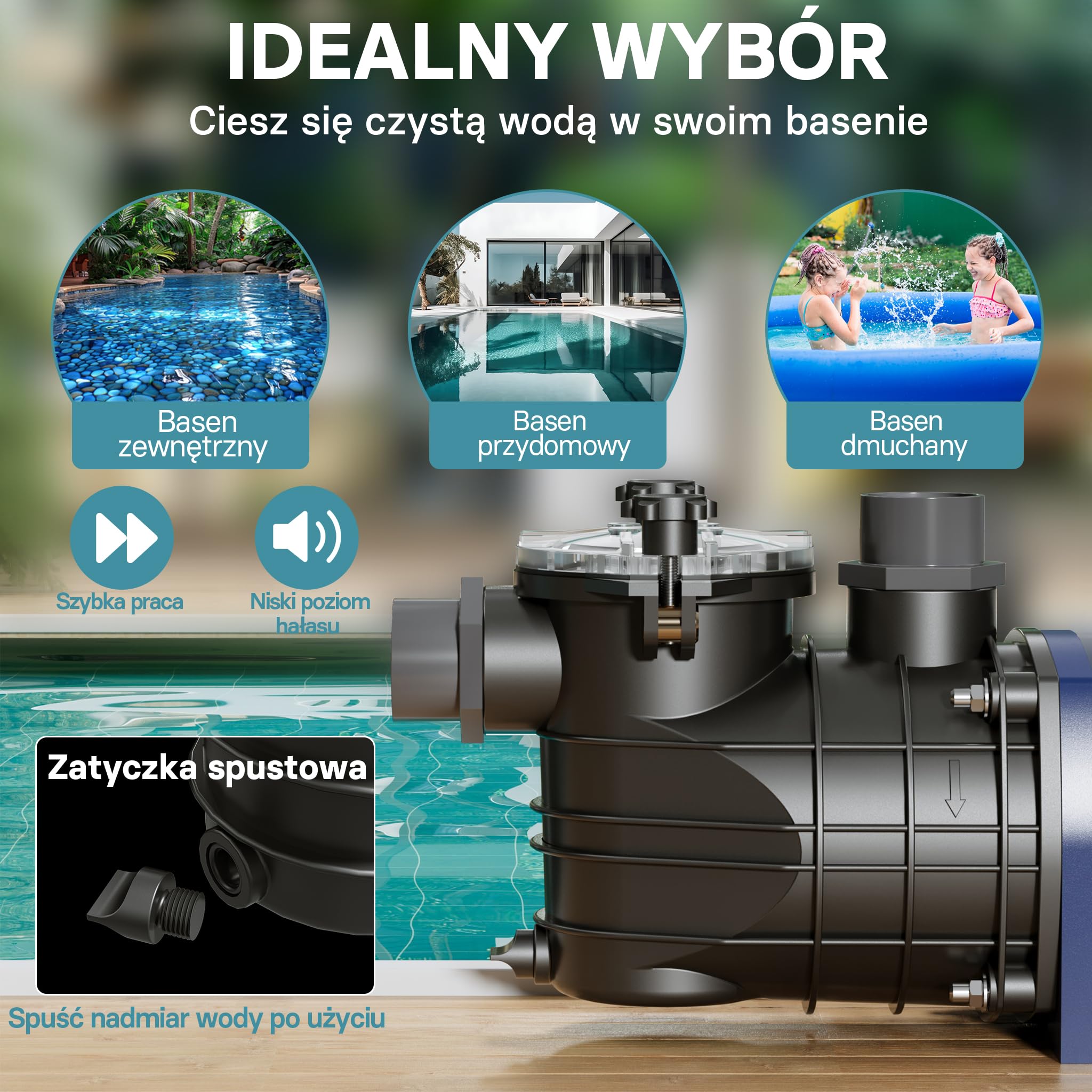 WilTec Pompa basenowa 13800 l/h, 550 W cicha pompa filtrująca i cyrkulacyjna, skuteczna pompa wodna do basenu, trwała i antykorozyjna konstrukcja