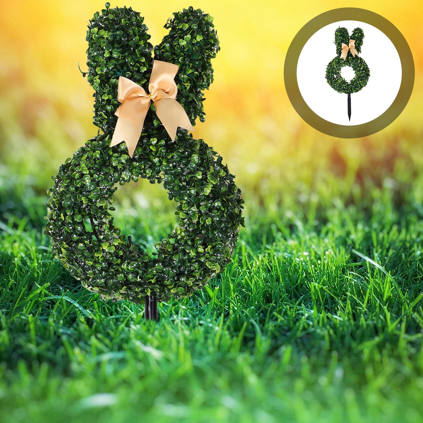 BESTonZON Künstlicher Hasen Topiary mit Stab, Grün, Kunststoff, Osterdeko