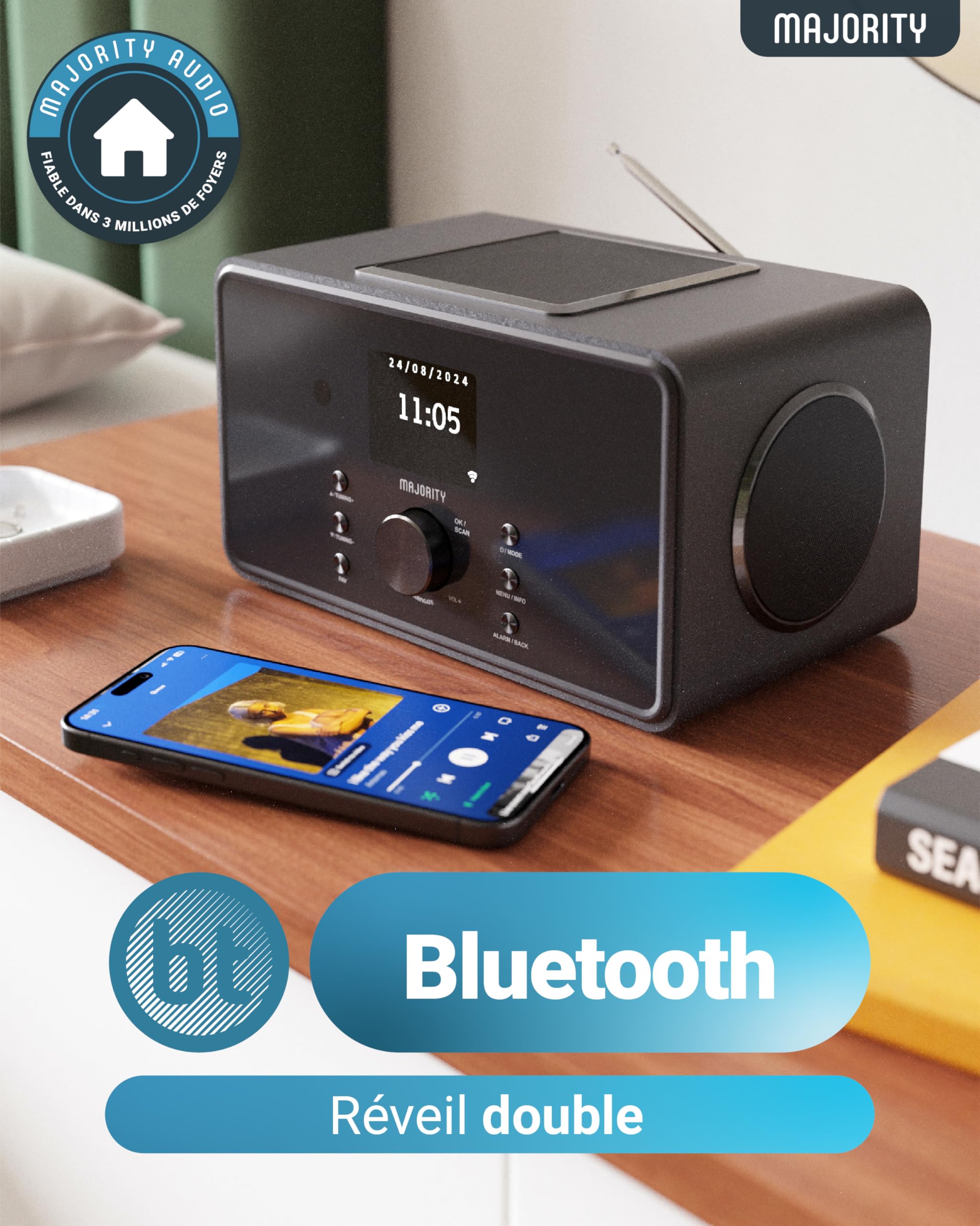 Radio Internet WiFi avec Bluetooth | Radio Dab Plus & FM | 100W 2.1 Caisson de Basse Interne pour Xtra Bass | Spotify Connect & Podcasts | Télécommande Incluse & OKTIV App Control | MAJORITY Bard