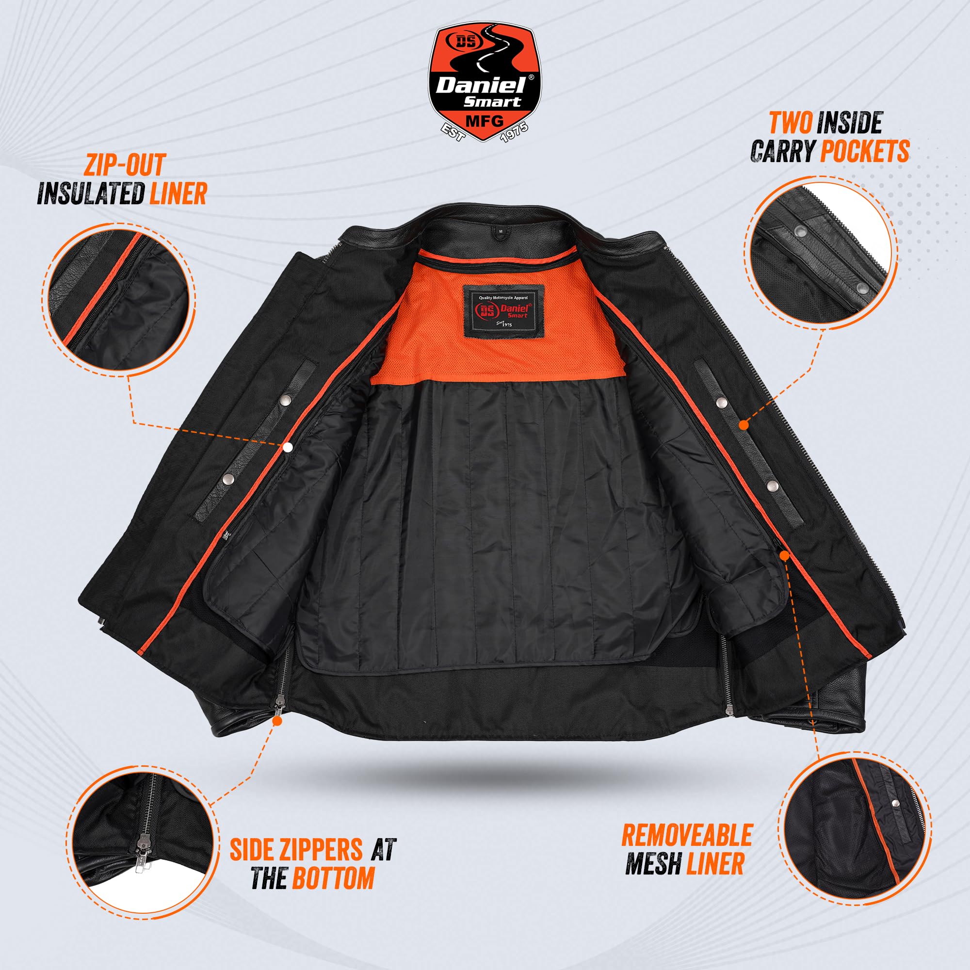 Daniel Smart Men Motorcycle Black Leather Jacket Mandarin Collar Biker Leather Jacket with inside pockets — view 5