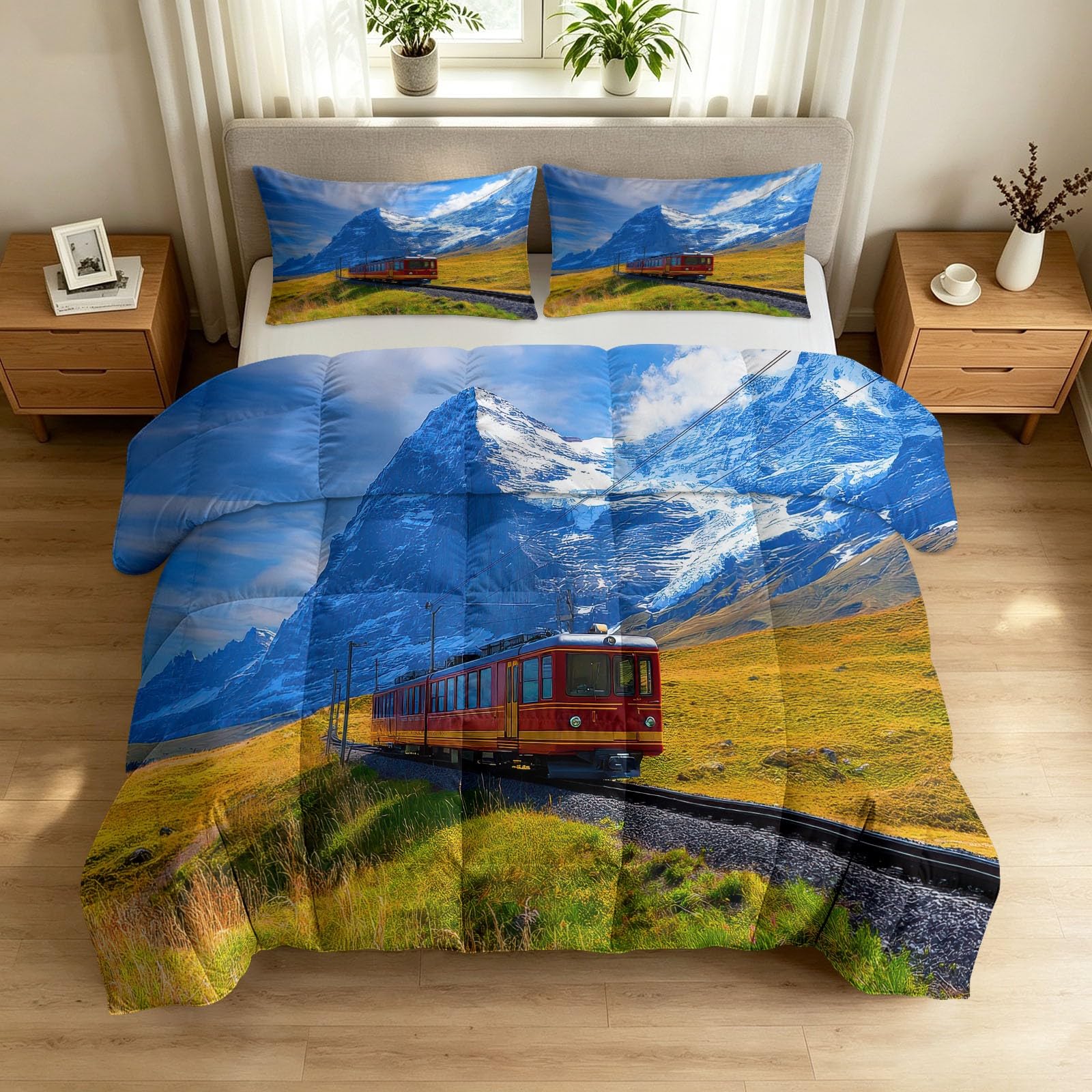 Kołdra 140 x 200 cm, Pejzaż zewnętrzny Lekka kołdra 4 pory roku, pociąg turystyczny z nadrukiem w śnieżne góry, dwustronna kołdra kołdra bez poszewki na poduszkę i 2 poszewki na poduszki 65x65 cm
