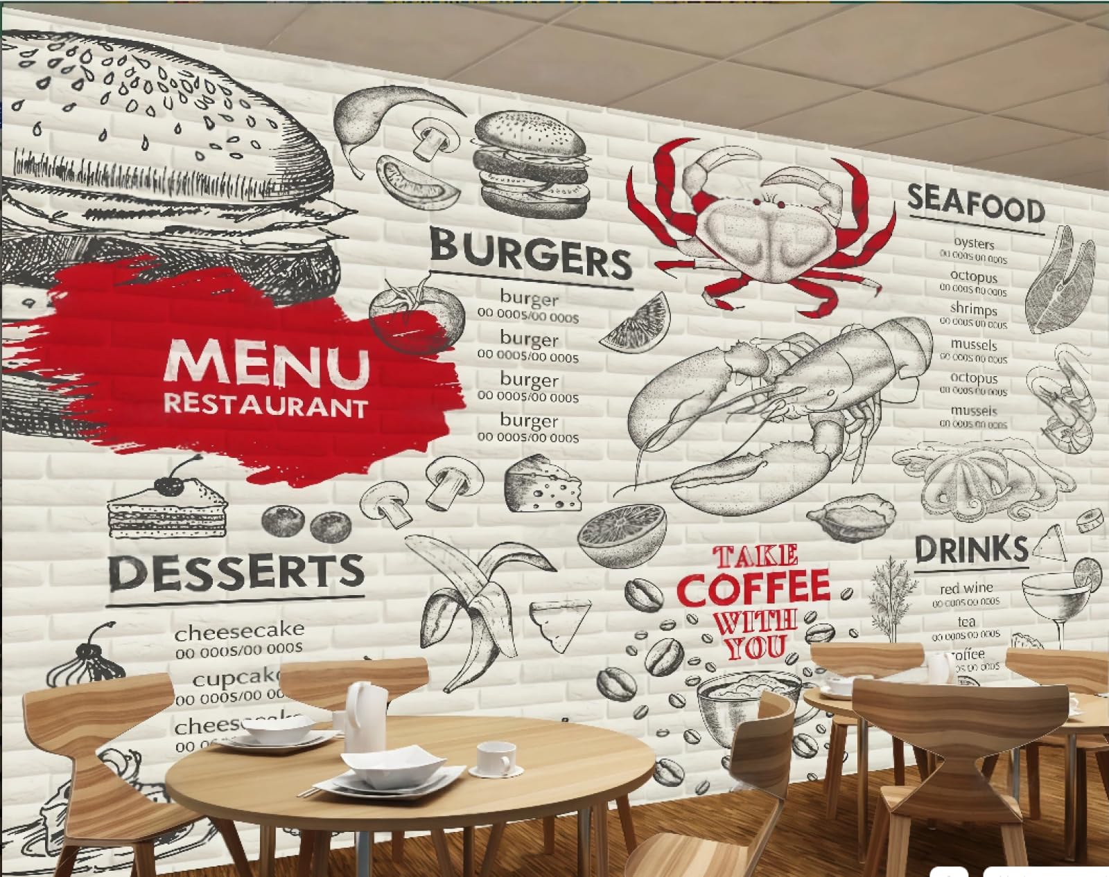 rskjdghshd Wallpaper Brick Wall Hand-Painted Coffee Letters Fast Food Burger Shop Drink Shop Bar Background Wall Western Restaurant Wallpaper Cafe Mural,3D,430x300cm