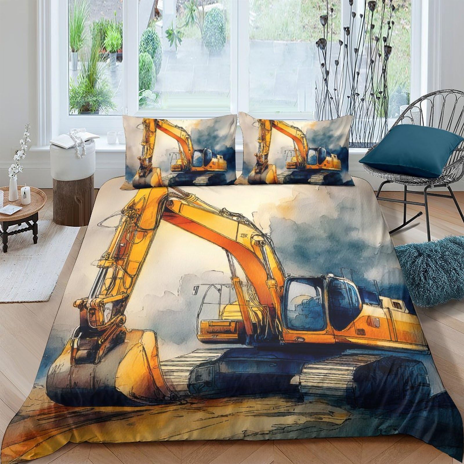 Ctjqhvkz Style-2 3D Printed Construction Excavator Fitted Sheet Microfiber Matt Finish Bed Cover For Bedroom Guest Room Dorm Mattress Protection Decor Single（135X200cm）