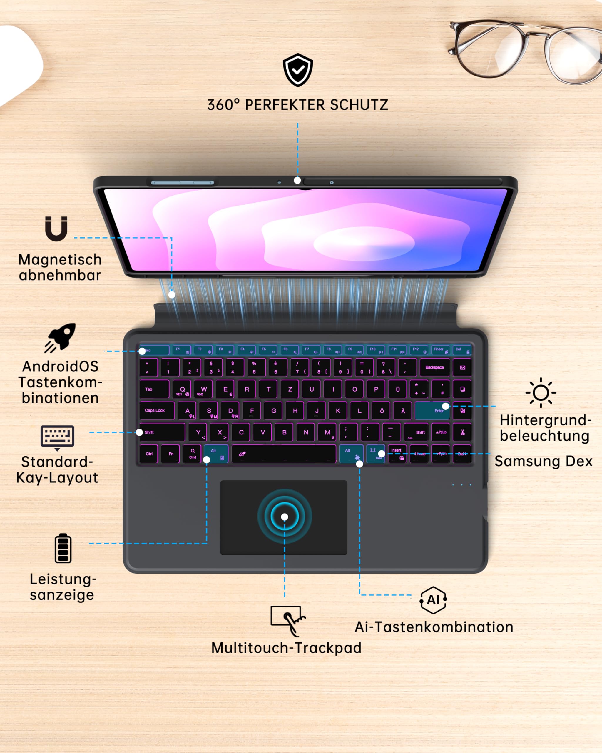für Samsung Galaxy Tab S11 Ultra/S10 Ultra/S9 Ultra/S8 Ultra 14.6 Zoll Hülle mit Tastatur :Deutsches QWERTZ-Layout Tastatur mit Ai Key | 7-Farbige Beleuchtung Touchpad Tastaturen Hülle mit Touchpad