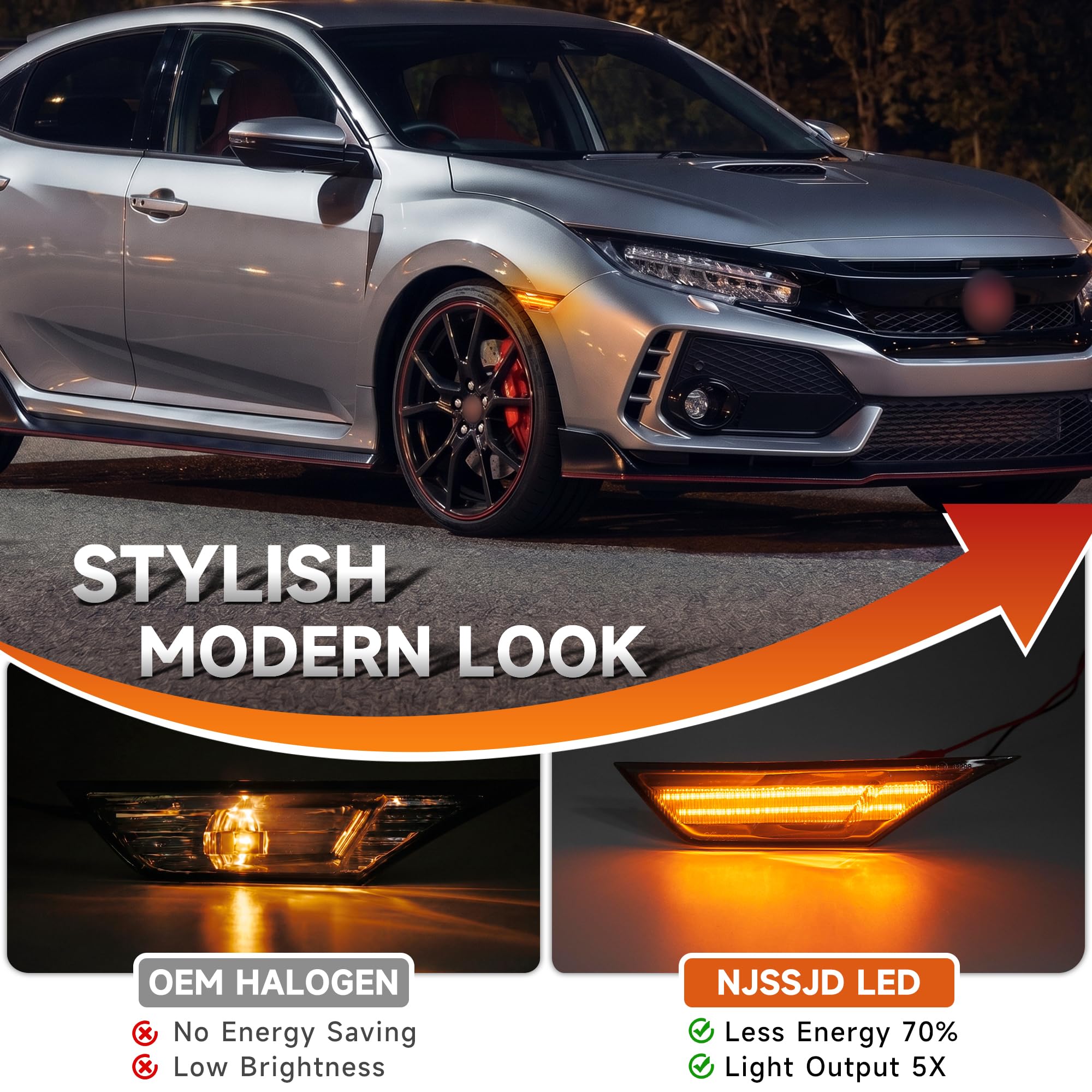 Boczne światła pozycyjne LED przydymione do Honda Civic Sedan MK10 2016 2017 2018 2019 2020 2021 - przednie światła boczne bursztynowe LED - Canbus kierunkowskazy bez błędów