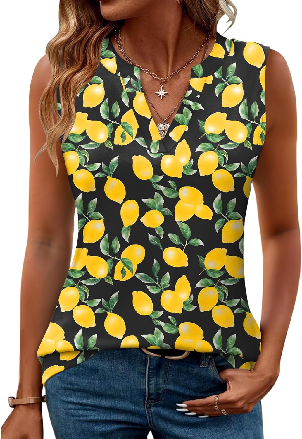 Romanstii Sleeveless Shirts for Women Casual Summer V Neck Tank Tops Dressy Blouses Tunic