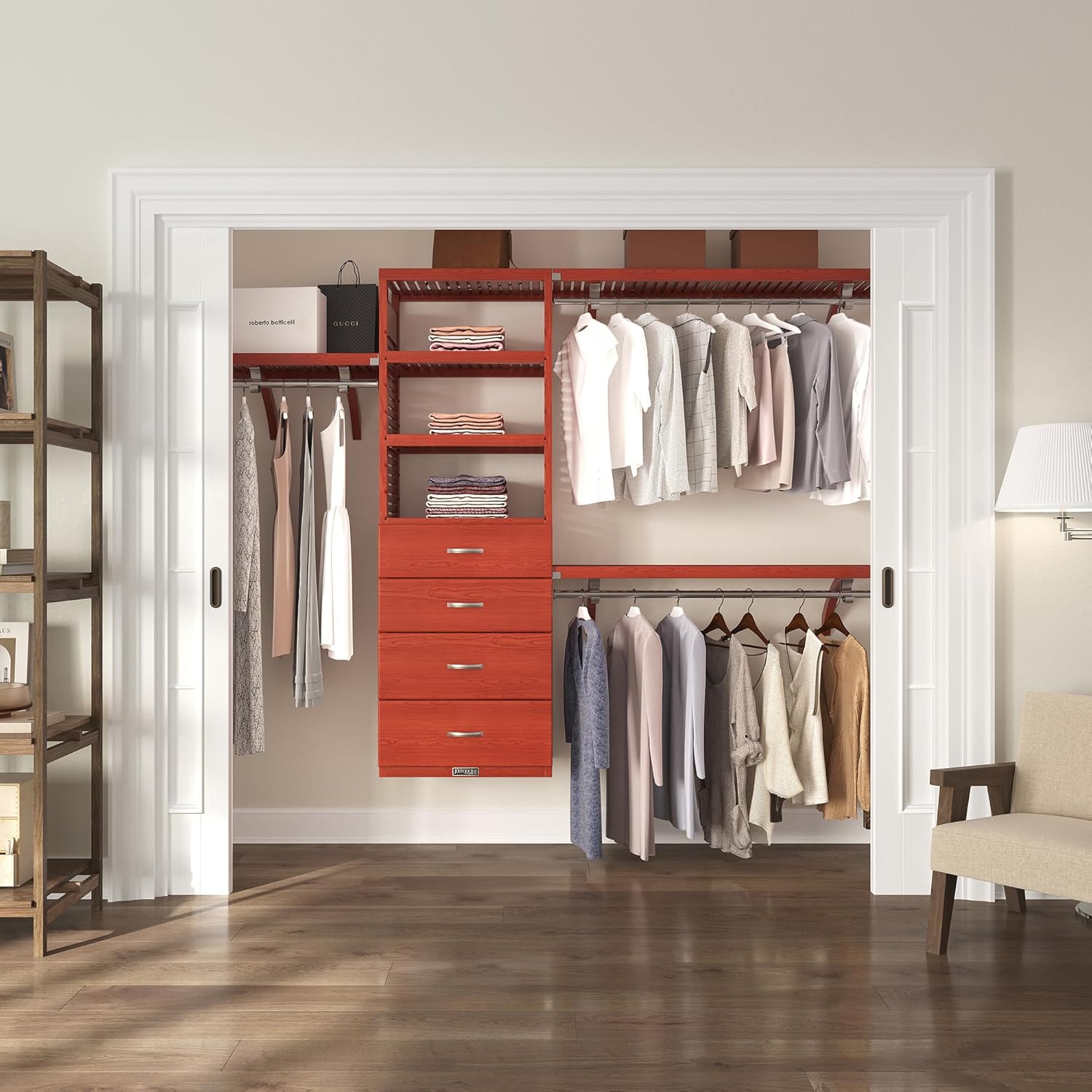 Wood Closet Organizer System with Shelves, 4 Drawers & Hanging Rods - Wall Mounted Walk-in – Red Mahogany Finish