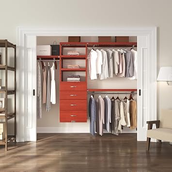 Wood Closet Organizer System with Shelves, 4 Drawers & Hanging Rods - Wall Mounted Walk-in Red Mahogany Finish