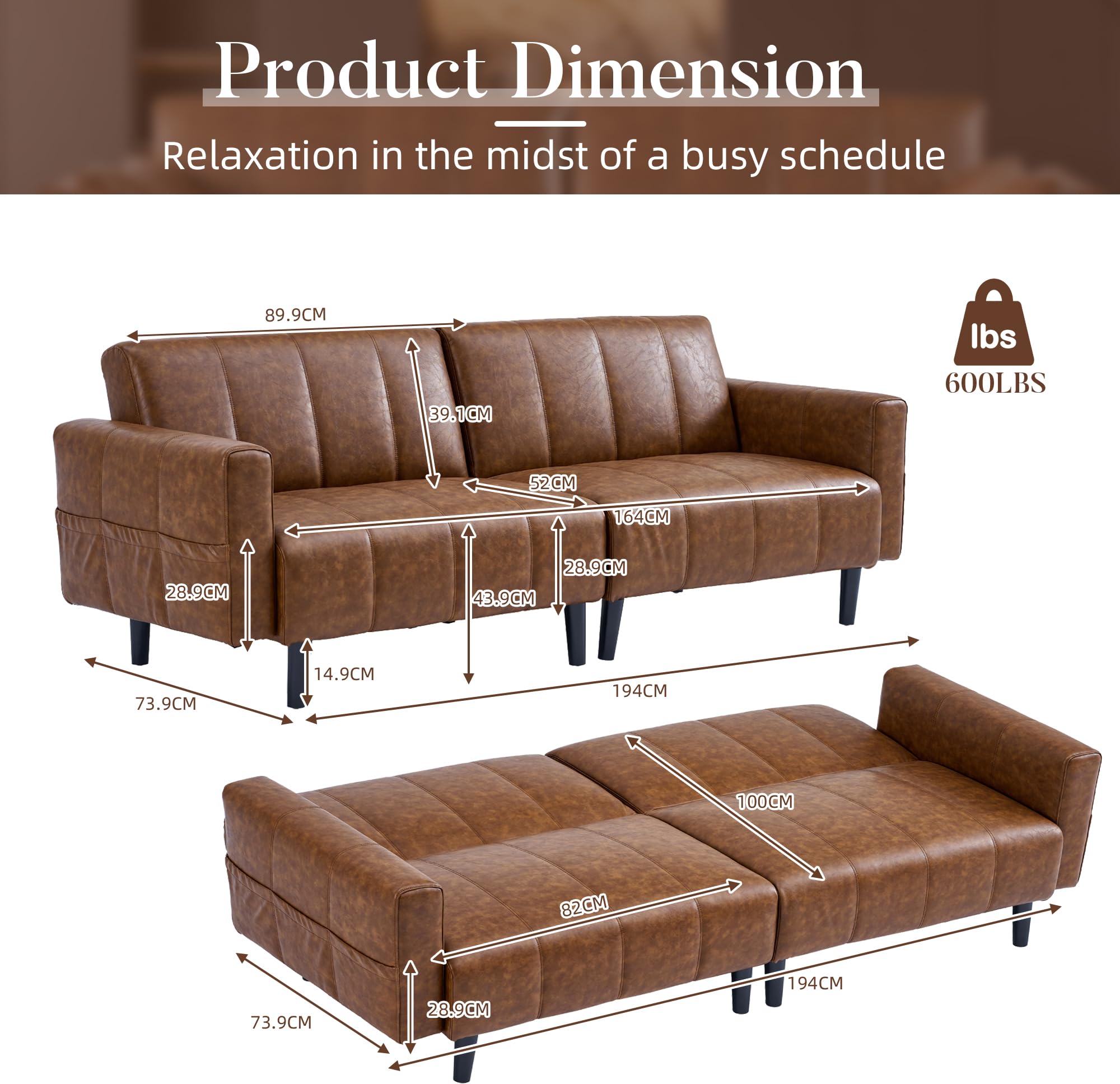 Ledersofa, Sofa 3 Sitzer, Sofa mit Schlaffunktion, Schlafsofa, Wandelbares Ledersofa mit Verstellbarer Rückenlehne, Stauraum, Holz & Stahlrahmen, 195×74×77cm (Braun)