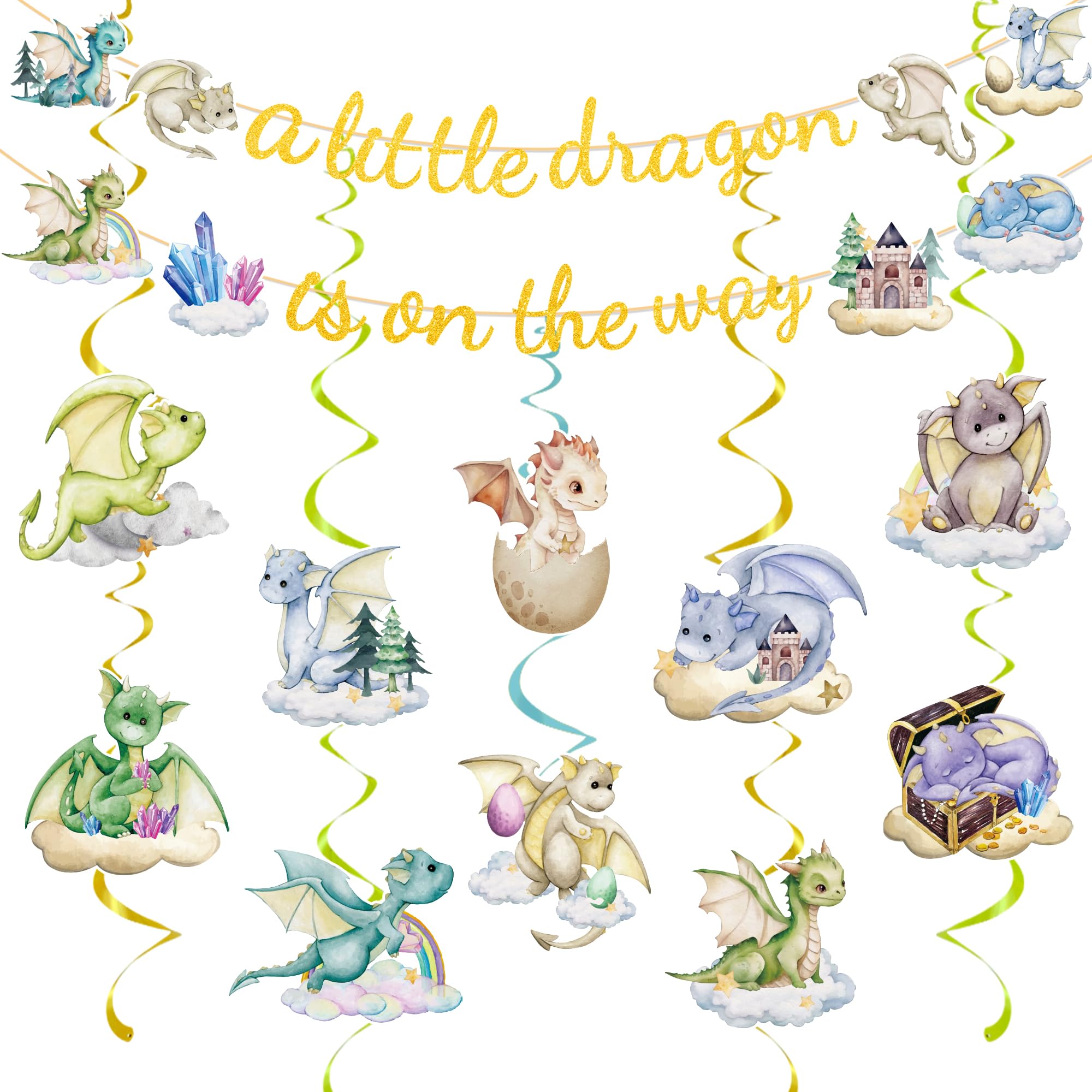 Dragon Baby Shower Decorations Include A Little Dragon is On The Way Banner and Hanging Swirls Dragon Theme Party Supplies