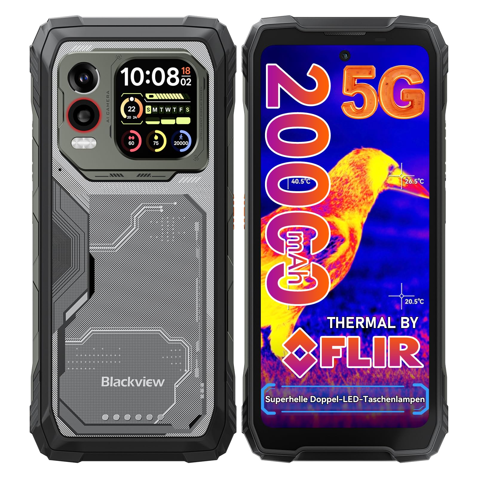 Blackview Xplore 1 Pro 5G Outdoor Mobile Phone Thermal Imaging Camera ⟮20000 mAh⟯, 36GB + 256GB/2TB, 6.78 Inch 2.4K 120Hz, 64MP + 50MP, Dimensity 7050/IP68 IP69K/Dual SIM/NFC/GPS/Outdoor Smartphone Without Contract Android 15