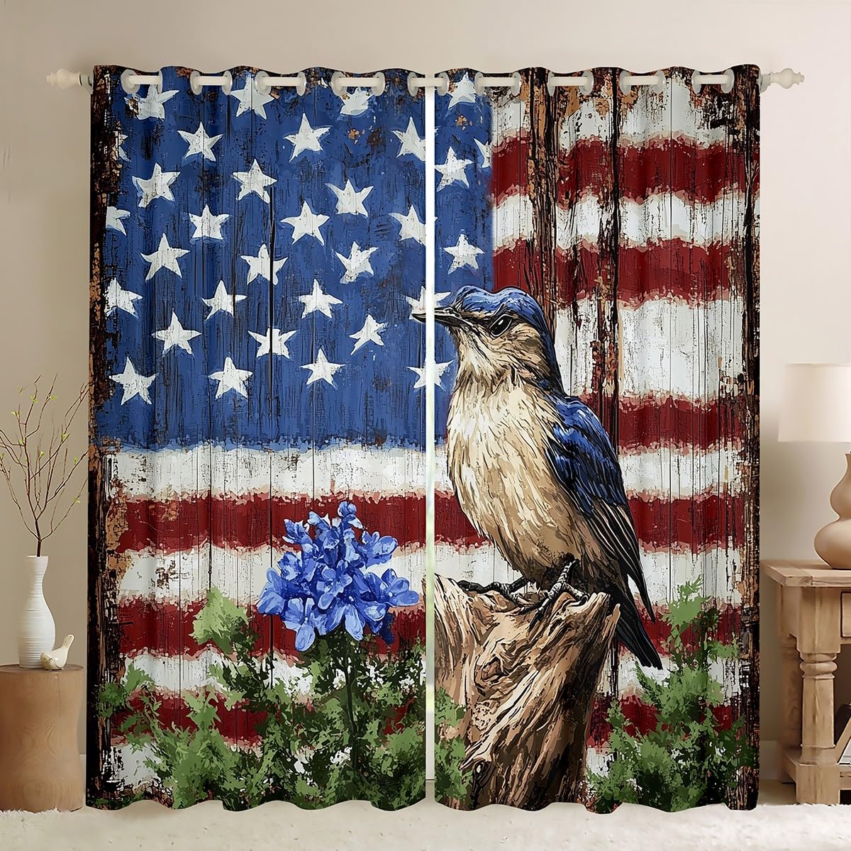 feelingyou Bird Kids Blackout Curtains,Tie-dye Ink American Flag Geometric Stripes Retro Window Drapes for Boys Men,Wild Animal Rustic Red Blue Window Treatments Grommet Top 2 Panel Set,46Wx54L inch
