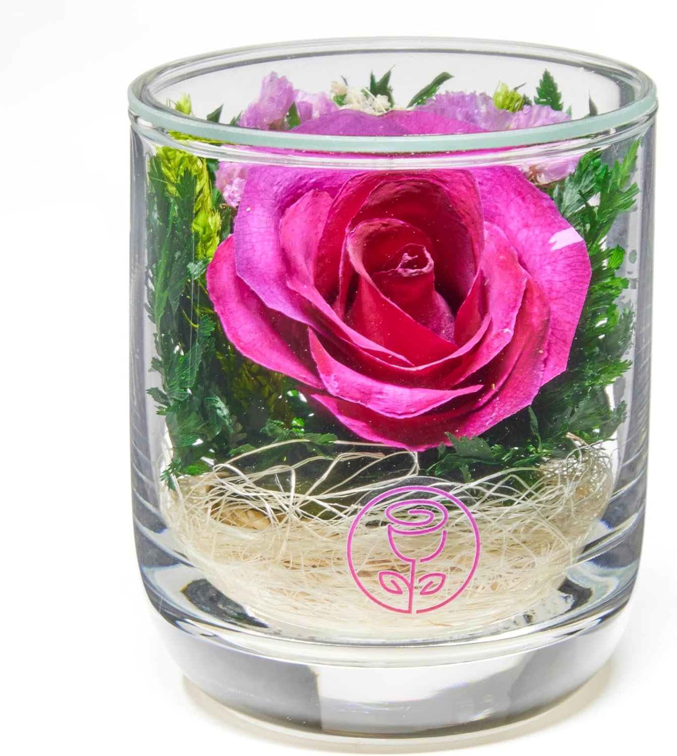 In Flores Veritas | Fresh Cut Preserved Roses in a Sealed Glass Vase | Long Lasting Bouquet Stays Fresh for 5+ Years | No Water Needed | Allergy Free | Unique Present Gift (Single Dark Pink)