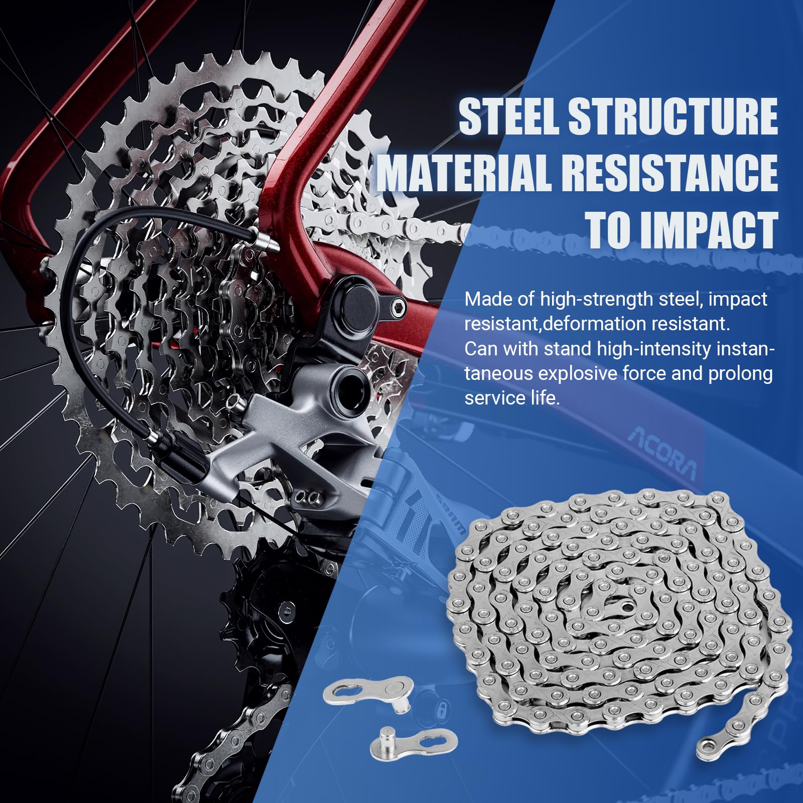 Cadena Bicicleta 10 Velocidades, 1/2 x 11/128 Pulgadas, Acero Especial, Plata, Cadena de Eslabones para Mountain Bike, Sportbike, Cadena Duradera Compatible con Varios Tipos de Bicicletas