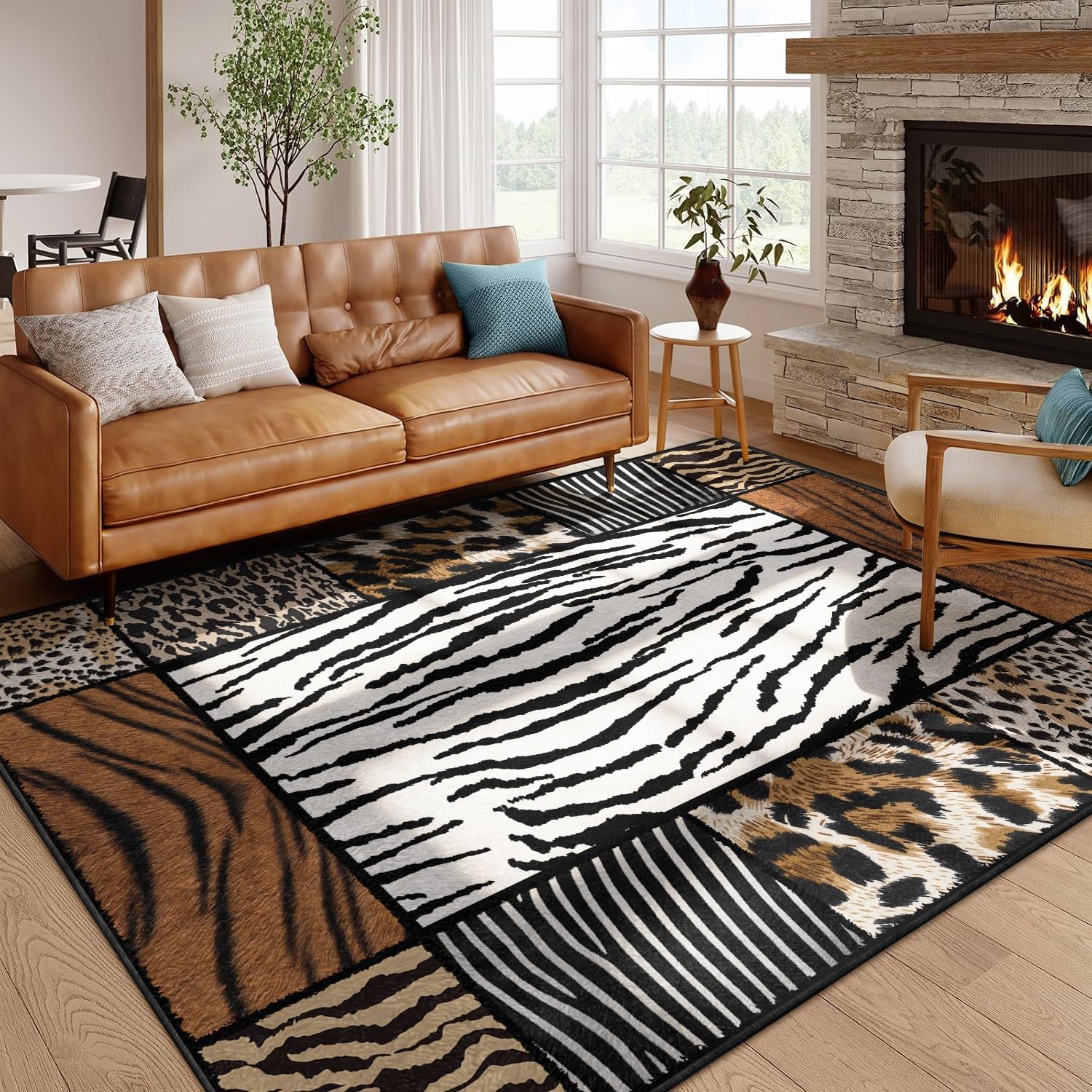 Bycmuoz Tiger Zebra Print Area Rug for Living Room, 180x260cm, Black White Animal Pattern Carpet, Soft Washable Low Pile Rug, Non Slip Floor Mat for Bedroom Dorm