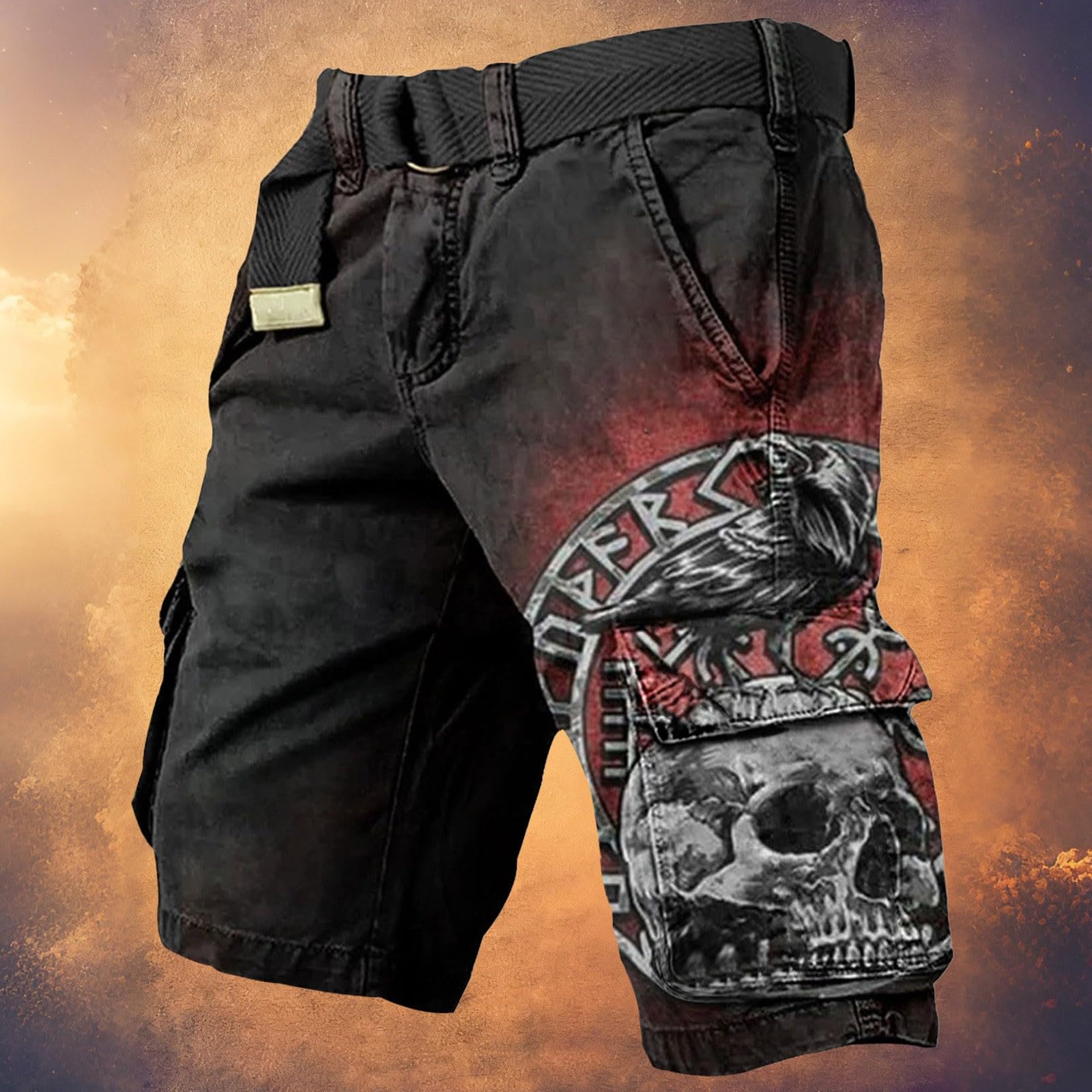 Cargohose Herren Mittelalterliches Wikinger Kurz Hose Cargo Shorts mit mehrere Taschen Sommer Arbeitshosen Männer Outdoor Wanderhose 3D Horror Gedruckt Schnell Trocken Wandershorts