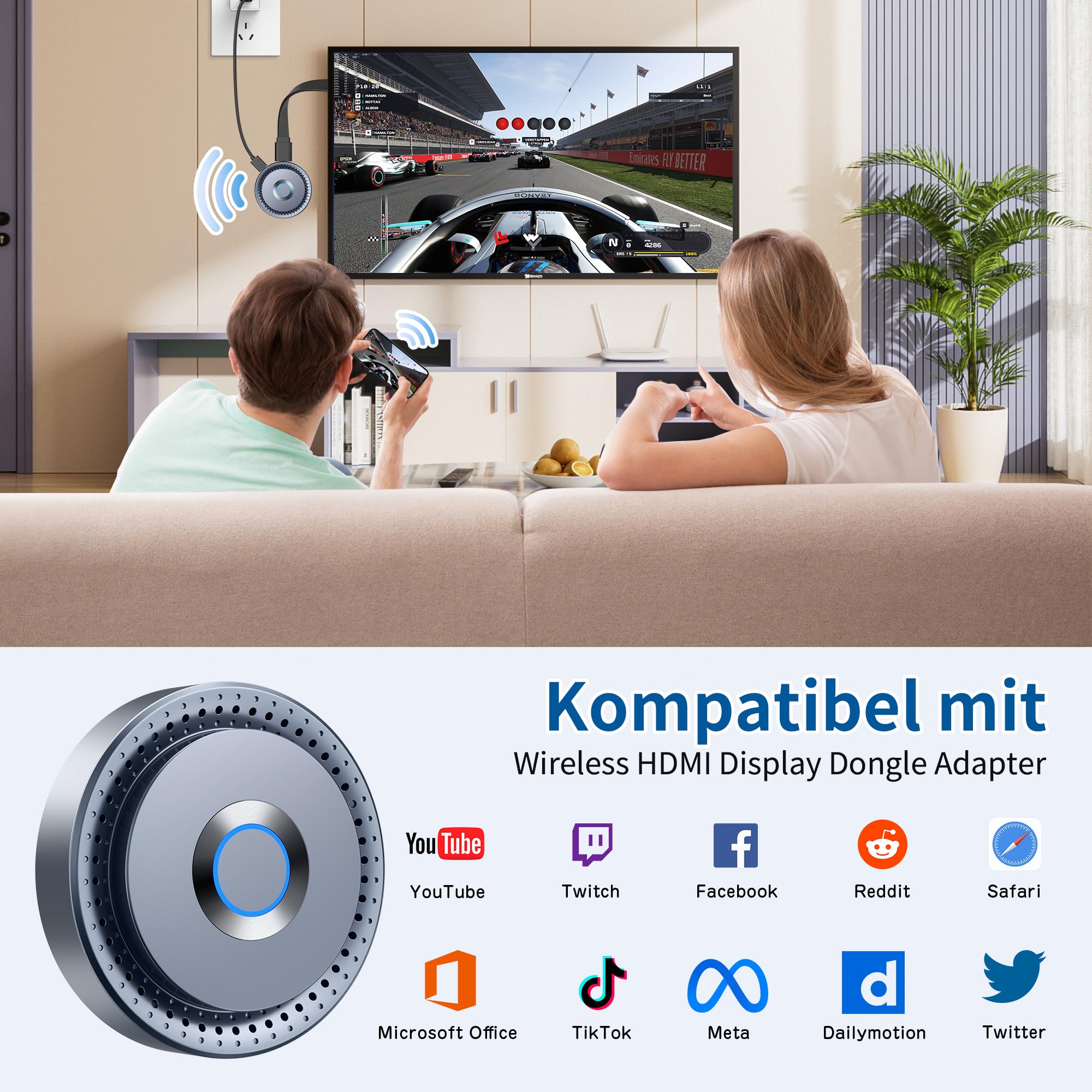 Miracast Wireless Hdmi Dongle Adapte, Tragbares Hdmi Adapter Dongle mit für Streaming von Video/Audio/Dateien Übertragung von Android-Smartphone auf HDTV