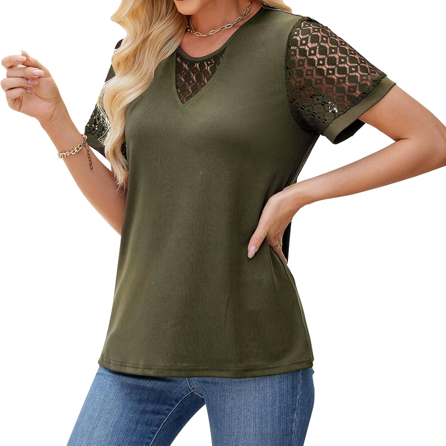 Womens Summer Lace Tops Trendy 2025 V Neck Short Sleeve T Shirts Casual Blouses Loose Shirts Business Work Shirts - Image 2