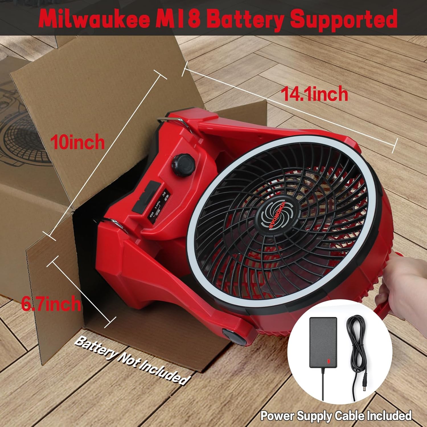 vokoroad Cordless Fan Compatible with MWKEE 18V Battery, 10" Portable Cordless Camping Rechargeable Fan, Variable Speed Outdoor Jobsite Fans with Hook for Jobsite, Camp, Tent(Battery No Included)