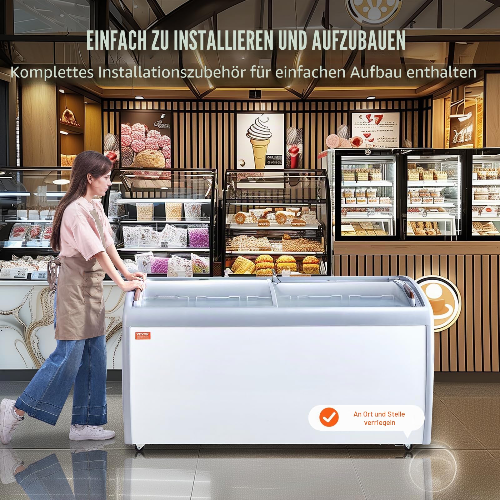 VEVOR Kommerzielle Eiscreme-Vitrine, 460 L Gefriertruhe, Mobiler Tiefkühlschrank mit Glasplatte, Restaurant-Gelato-Tauchschrank mit 5 Drahtkörben, 2 Glasschiebetüren, Feststellrollen, Weiß