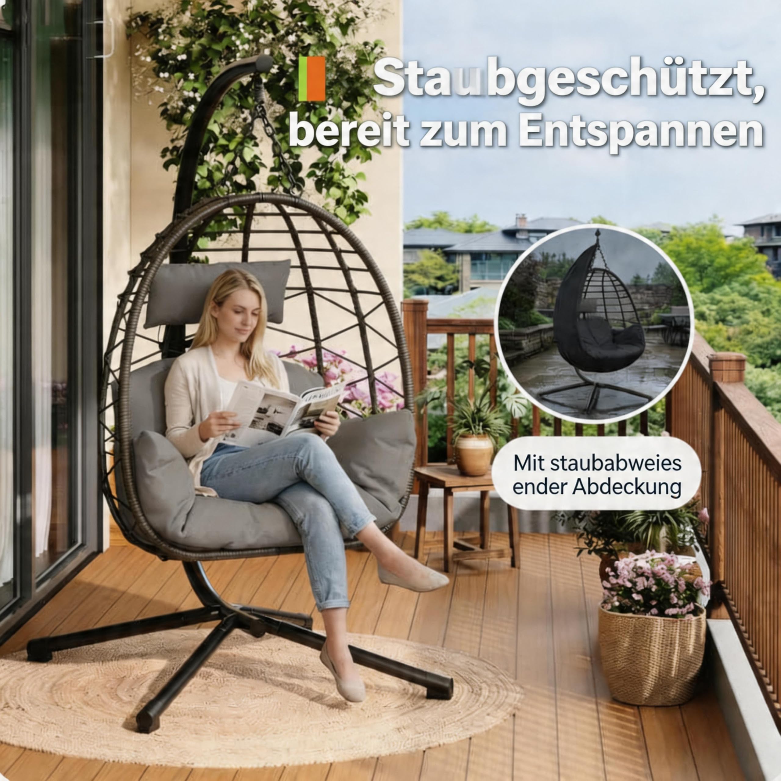 Hängesessel mit Gestell, Grau | Maximale Tragkraft 165 kg, Rattan Gestell, Dicke Kissen, Für Indoor Outdoor, Ideal für Wohnzimmer, Balkon und Garten