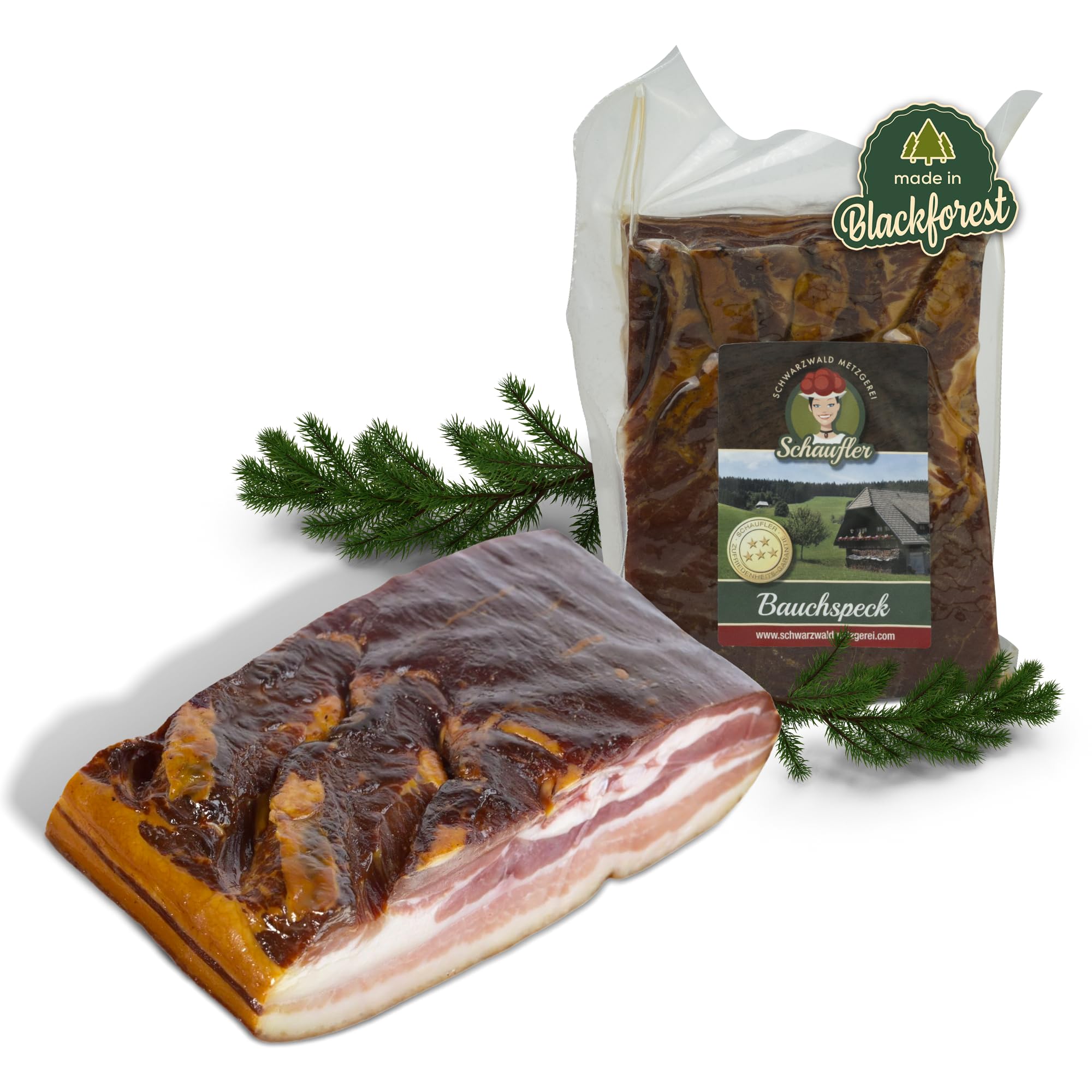 Schwarzwald Metzgerei – Schwarzwälder Bauchspeck am Stück mit herzhaft rauchigem Aroma – 2 x 500g Speck vom Bauch für Salate, Rührei, grüne Bohnen, Carbonara u.v.m.