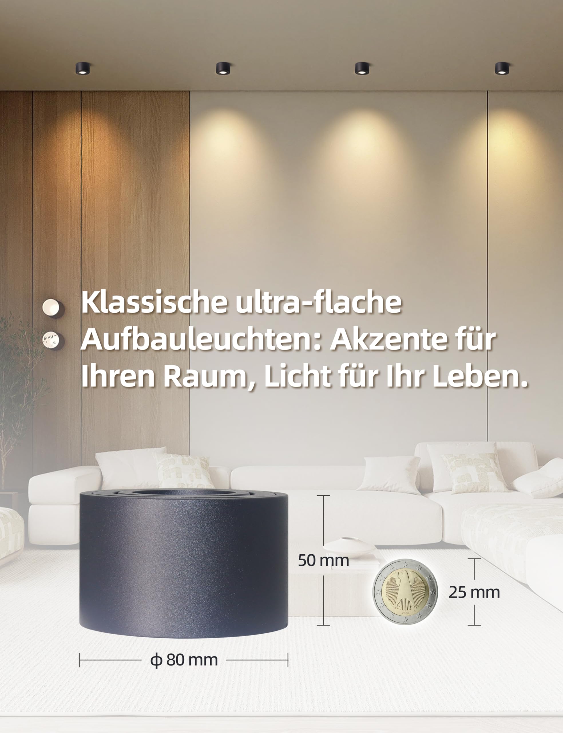 4er Set Aufbauspot Schwarz, LED Aufbaustrahler Deckenstrahler, IP65 für Badezimmer, 5W 520lm Warmweiß 3000K / Neutralweiß 4000K / Kaltweiß 6000K, aus Aluminium, Ø80x50mm, LED Modul 230V, CRI90+