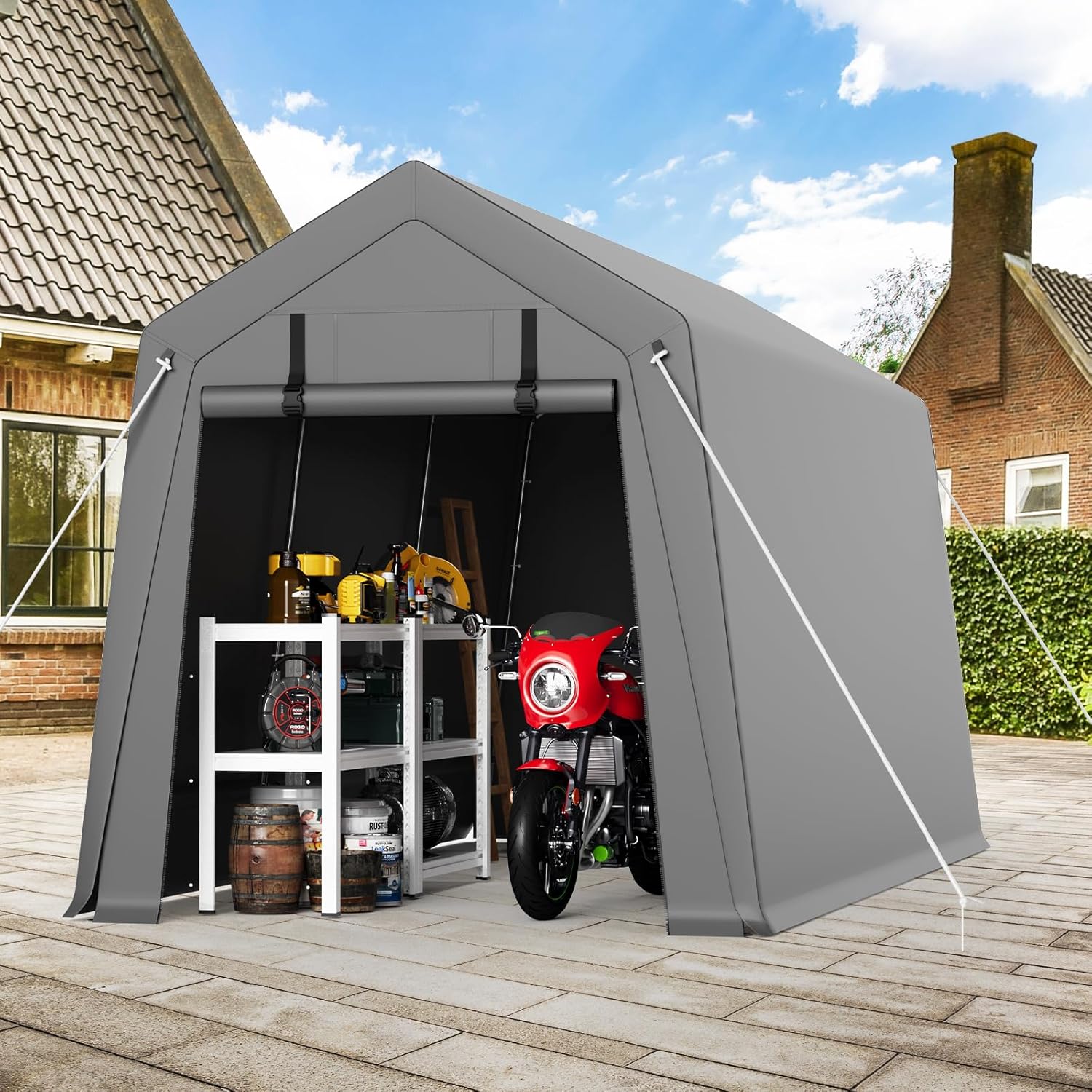 7'x10' Outdoor Portable Storage Shed, Waterproof & UV-Resistant Garage Shelter with 2 Roll-Up Zipper Doors, Anti-Snow Carport Tent for Motorcycle, Bike, and Outdoor Equipment, Gray