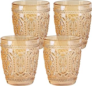 Amber Glassware set of 4 Vintage Drinking Glasses, 9.5oz Amber Heavy Duty Glass Cups, Old Fashioned Glass, Set for Party Wedding Home Office Glassware Gift