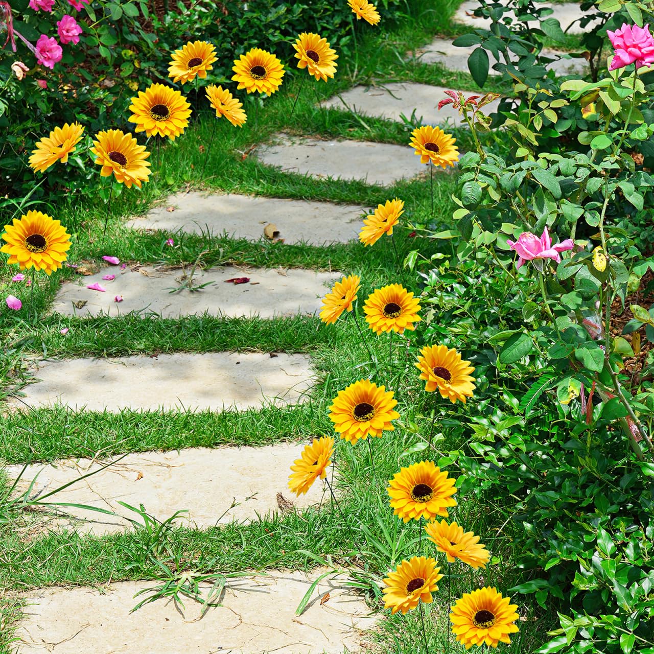 TOPBATHY Lot de 5 panneaux de tournesol en métal pour décoration de jardin en tissu de soie et piquets de pelouse
